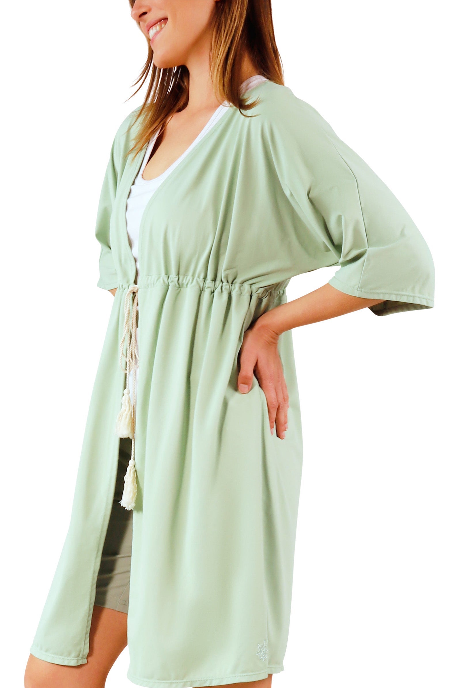 side view of women's front tie sun kimono in frosty green|frosty-green
