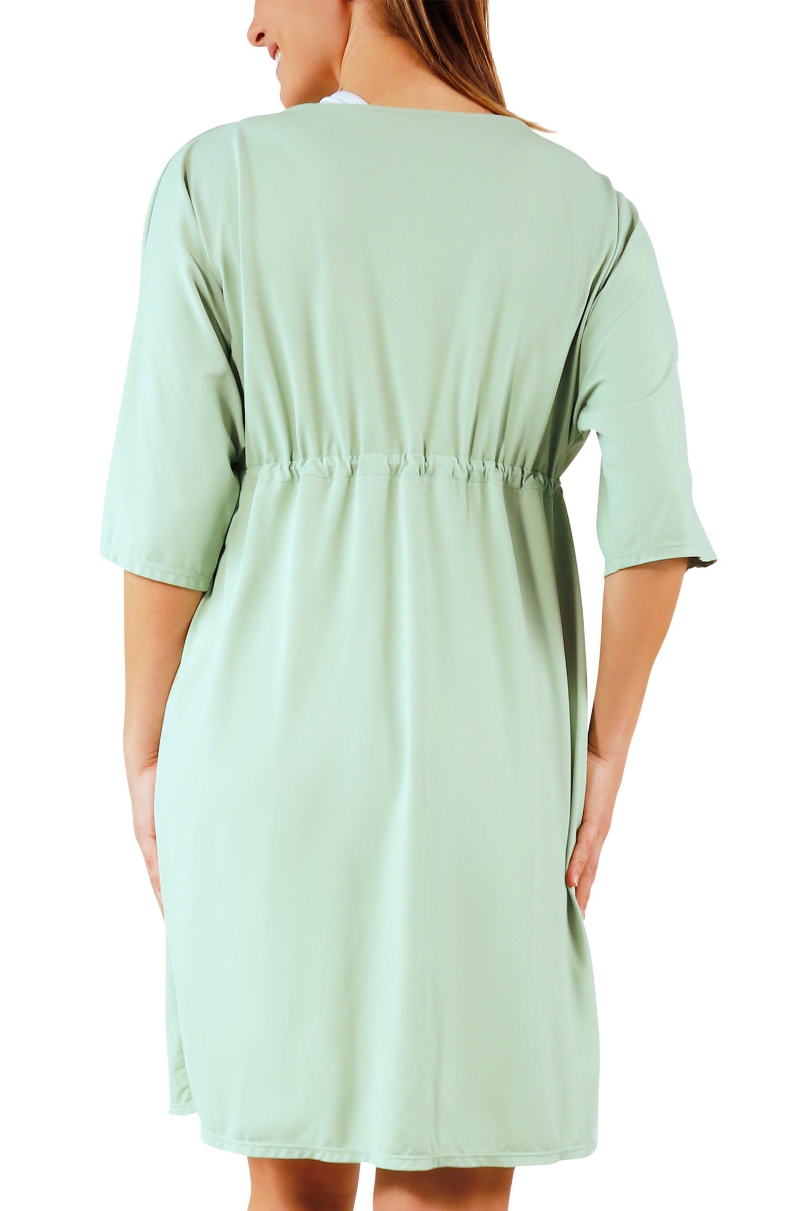 back view of women's front tie sun kimono in frosty green|frosty-green