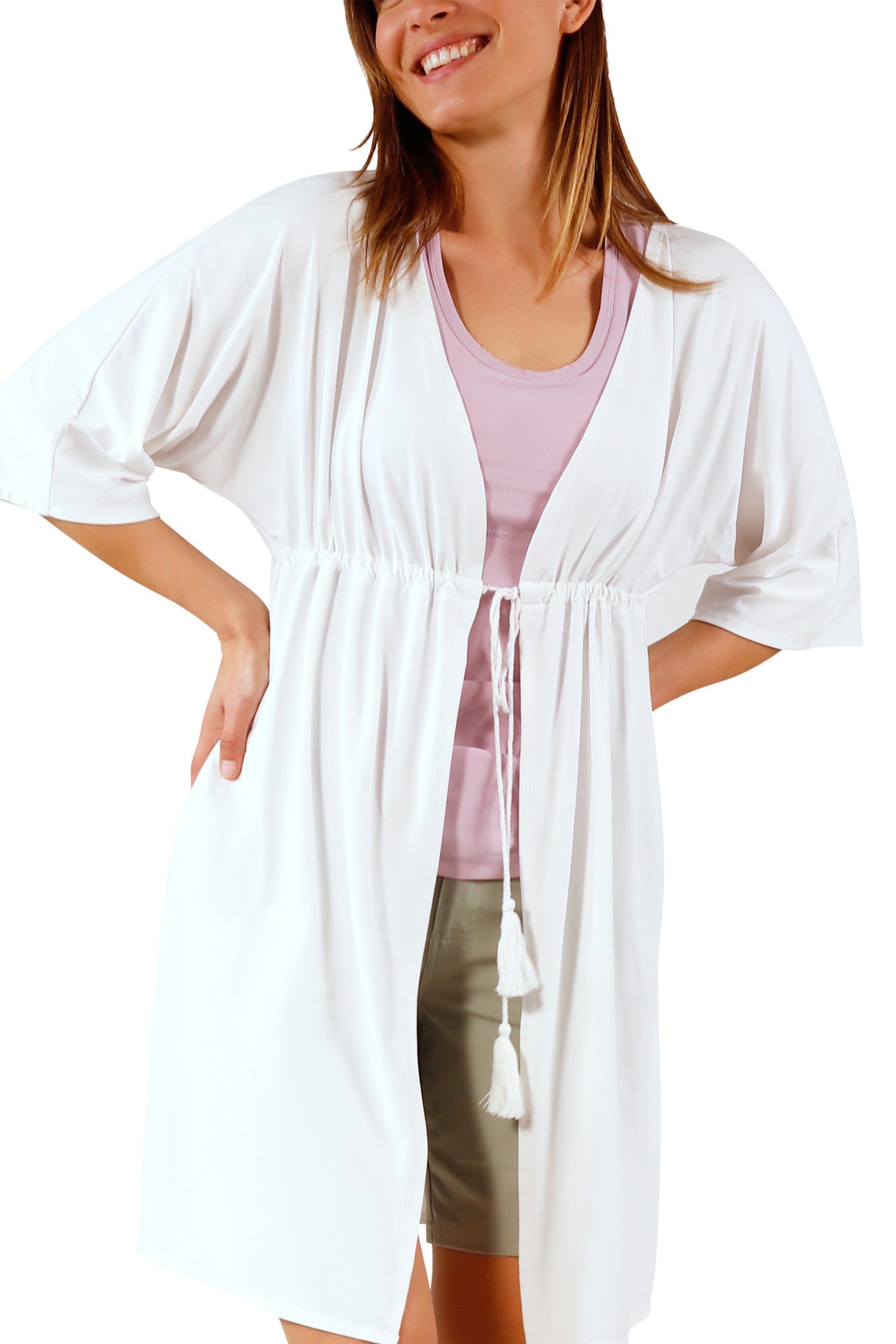 women's white front tie sun kimono|white