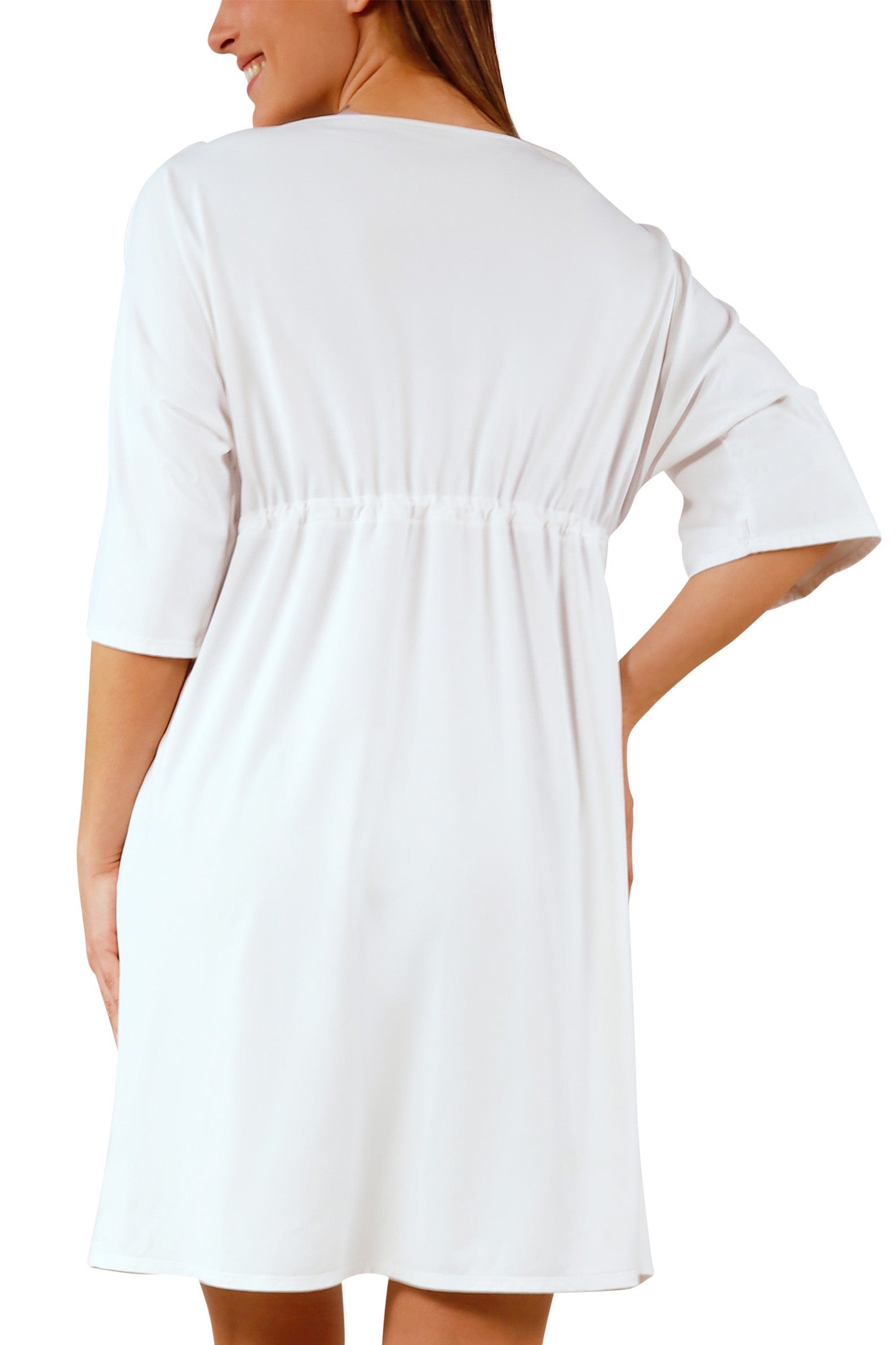 back view of women's white front tie sun kimono|white
