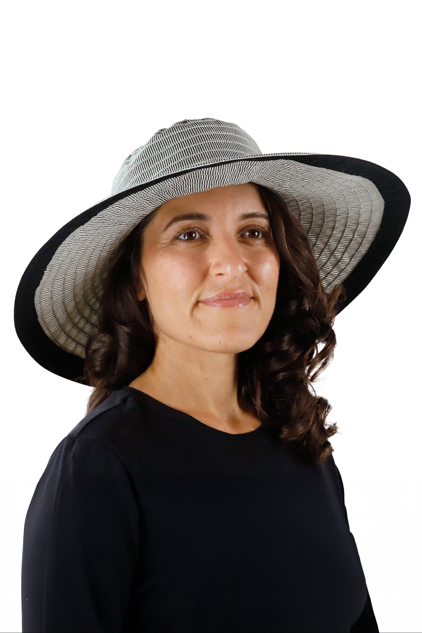 woman in black pacifica hat|black
