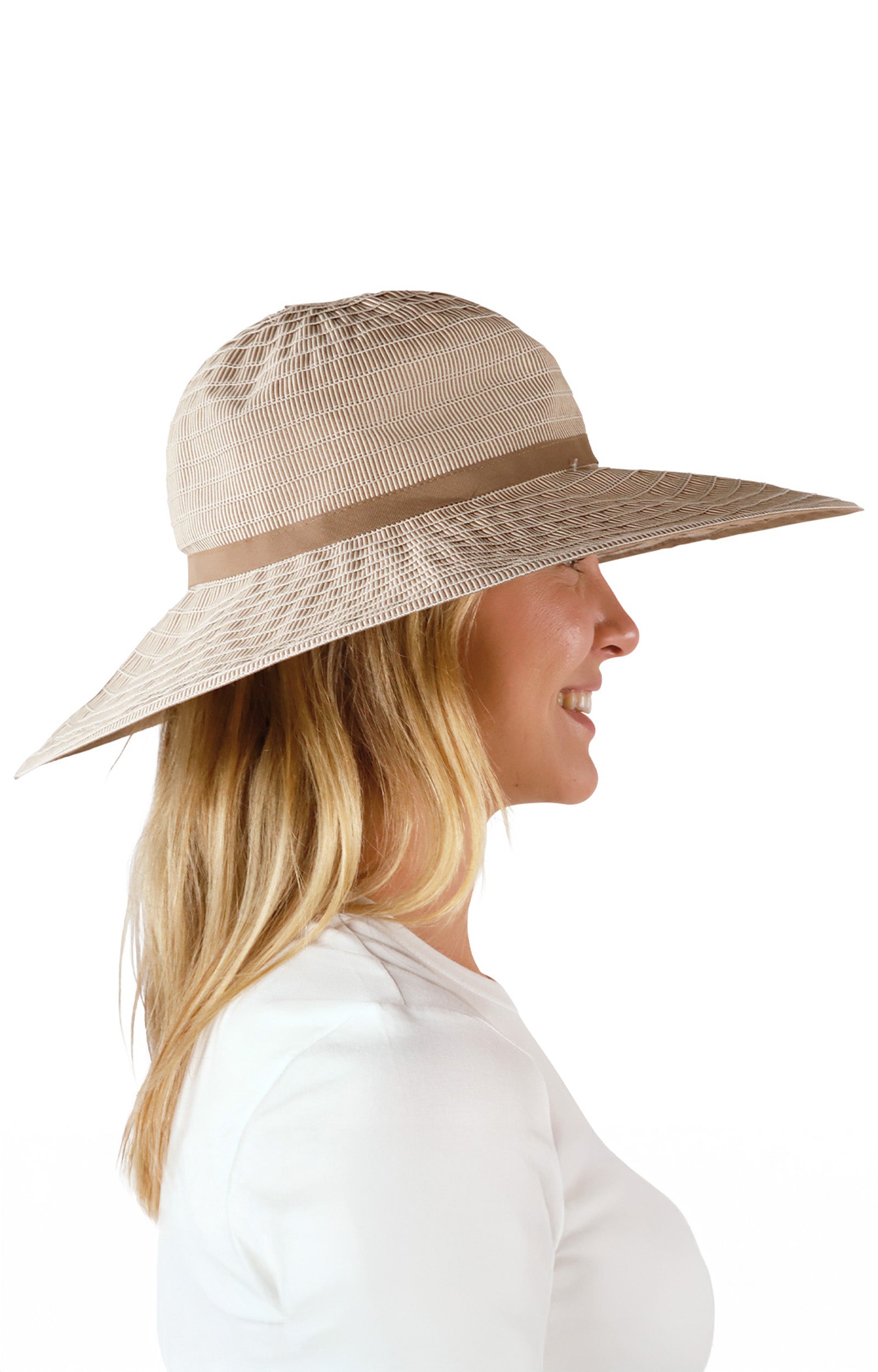 side view of woman in brown pacifica hat|brown