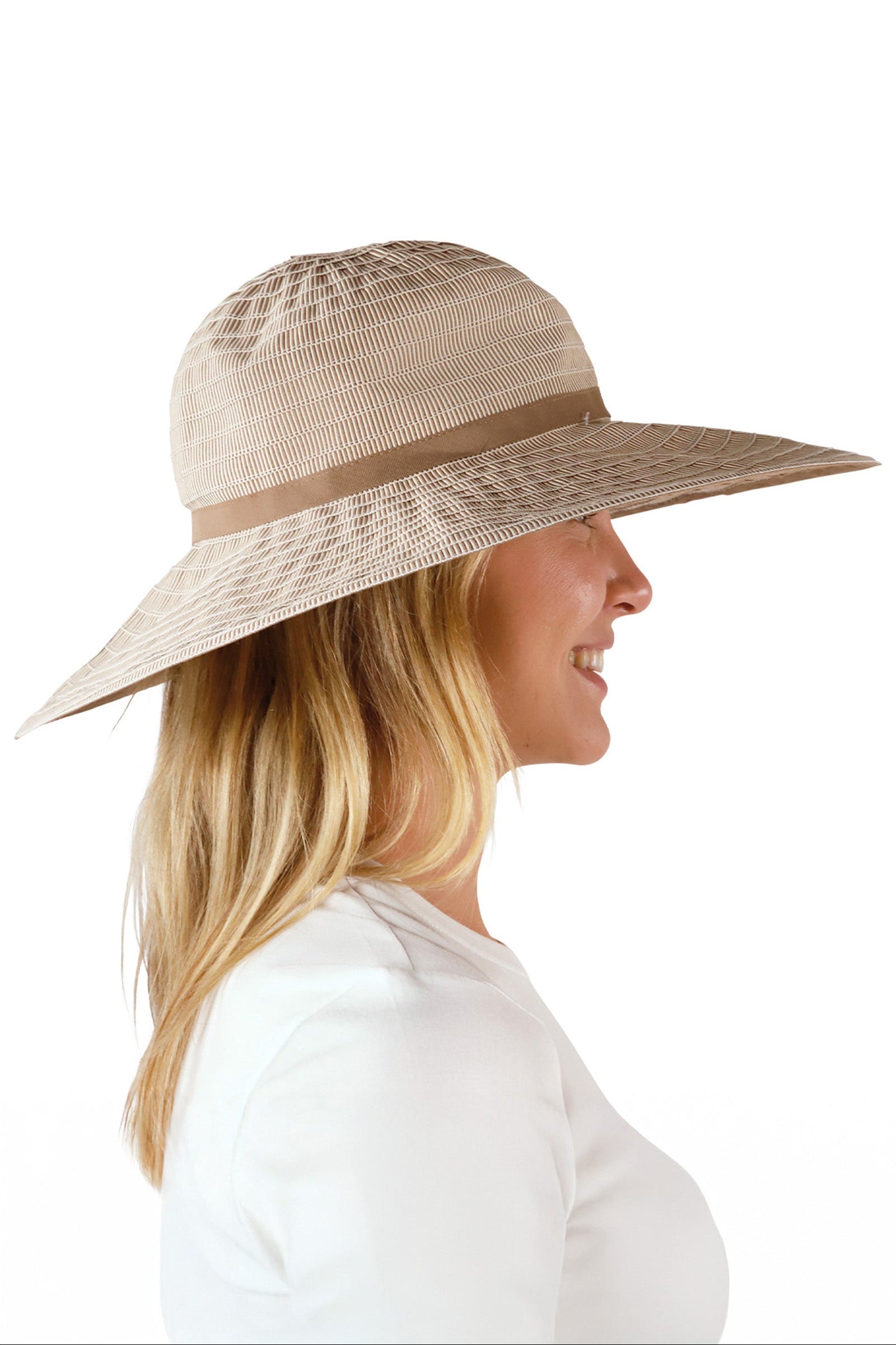 side view of woman in brown pacifica hat|brown