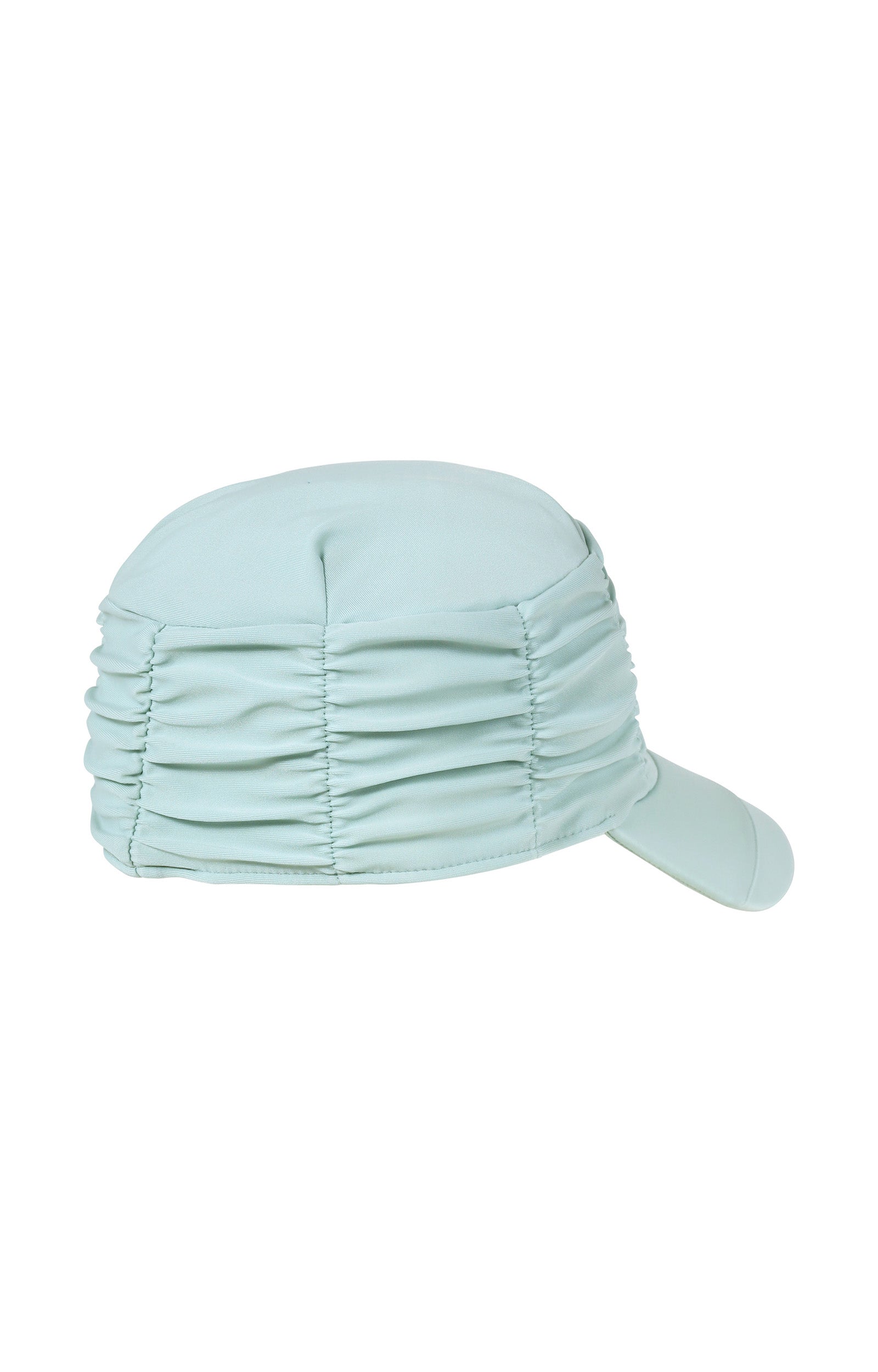 back view of women's ruched sun cap in dewdrop|dewdrop