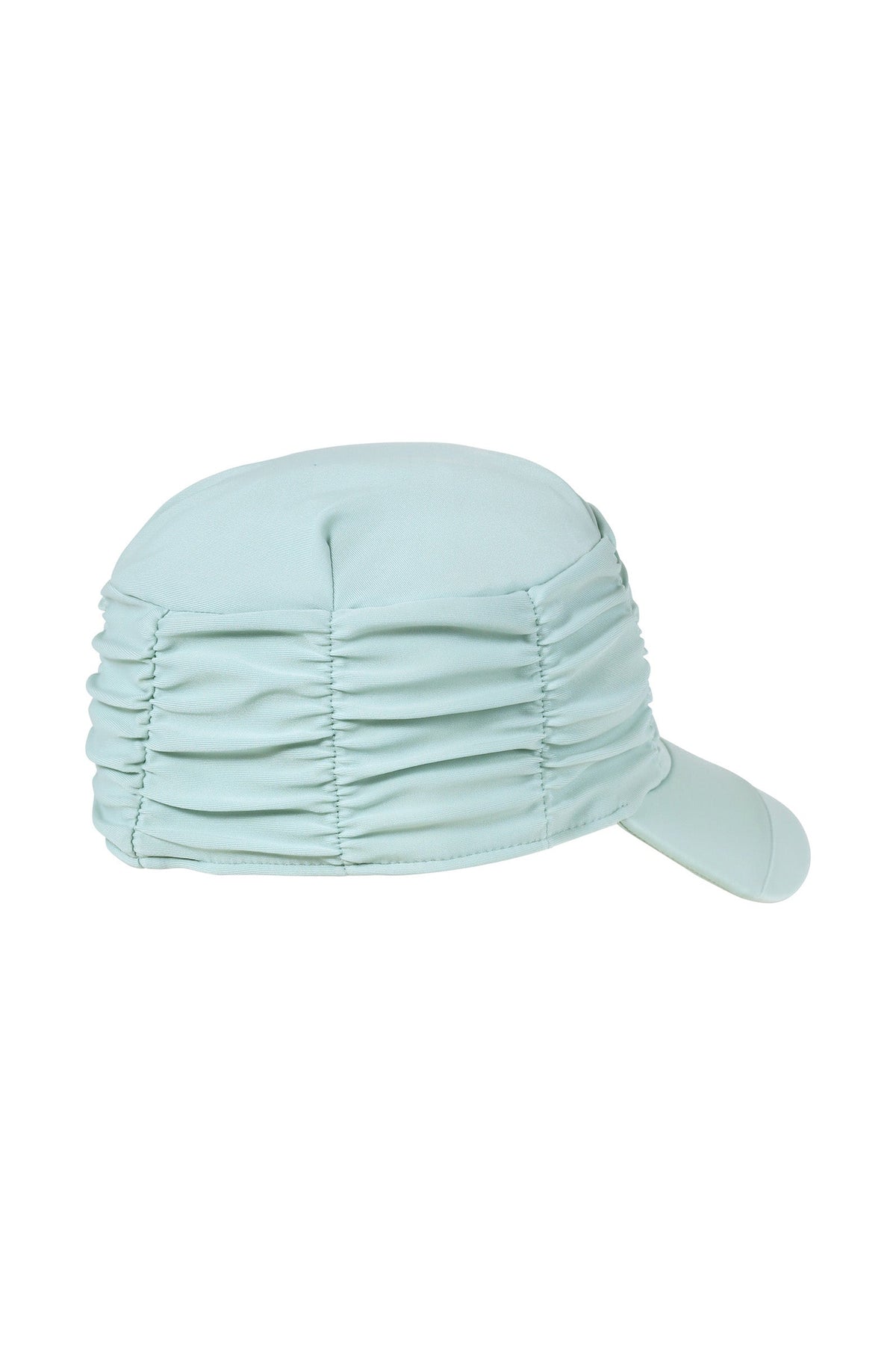 back view of women's ruched sun cap in dewdrop|dewdrop