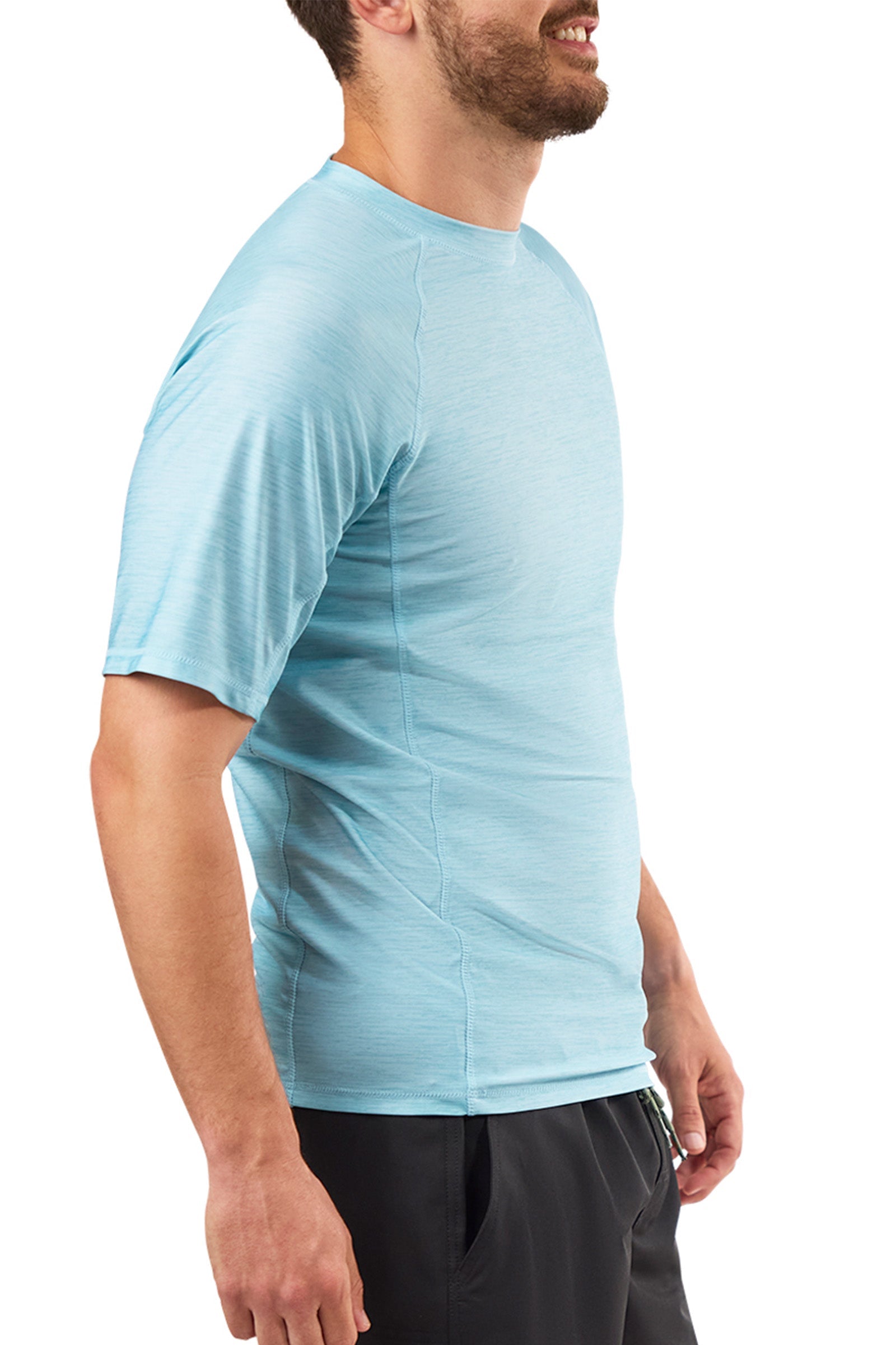 side view of mens short sleeve crew sun & swim shirt|aquamarine-jaspe