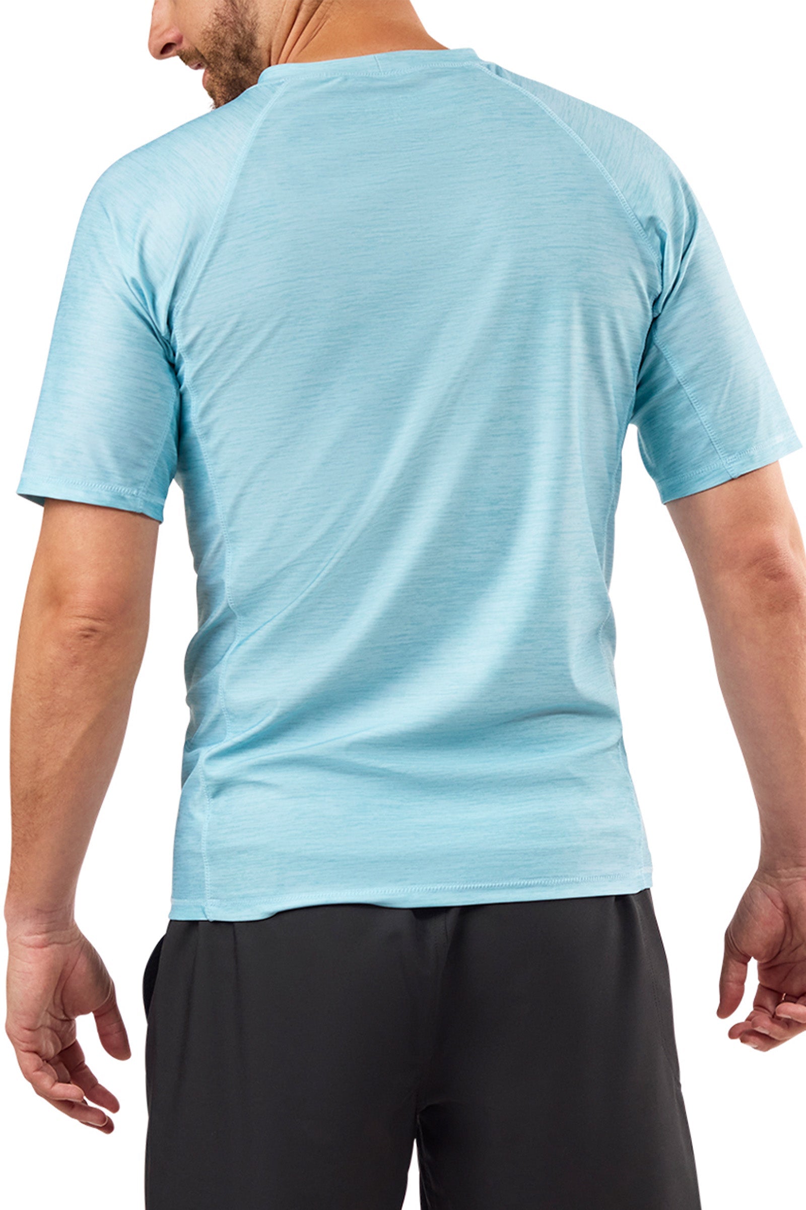 back view of mens short sleeve crew sun & swim shirt|aquamarine-jaspe