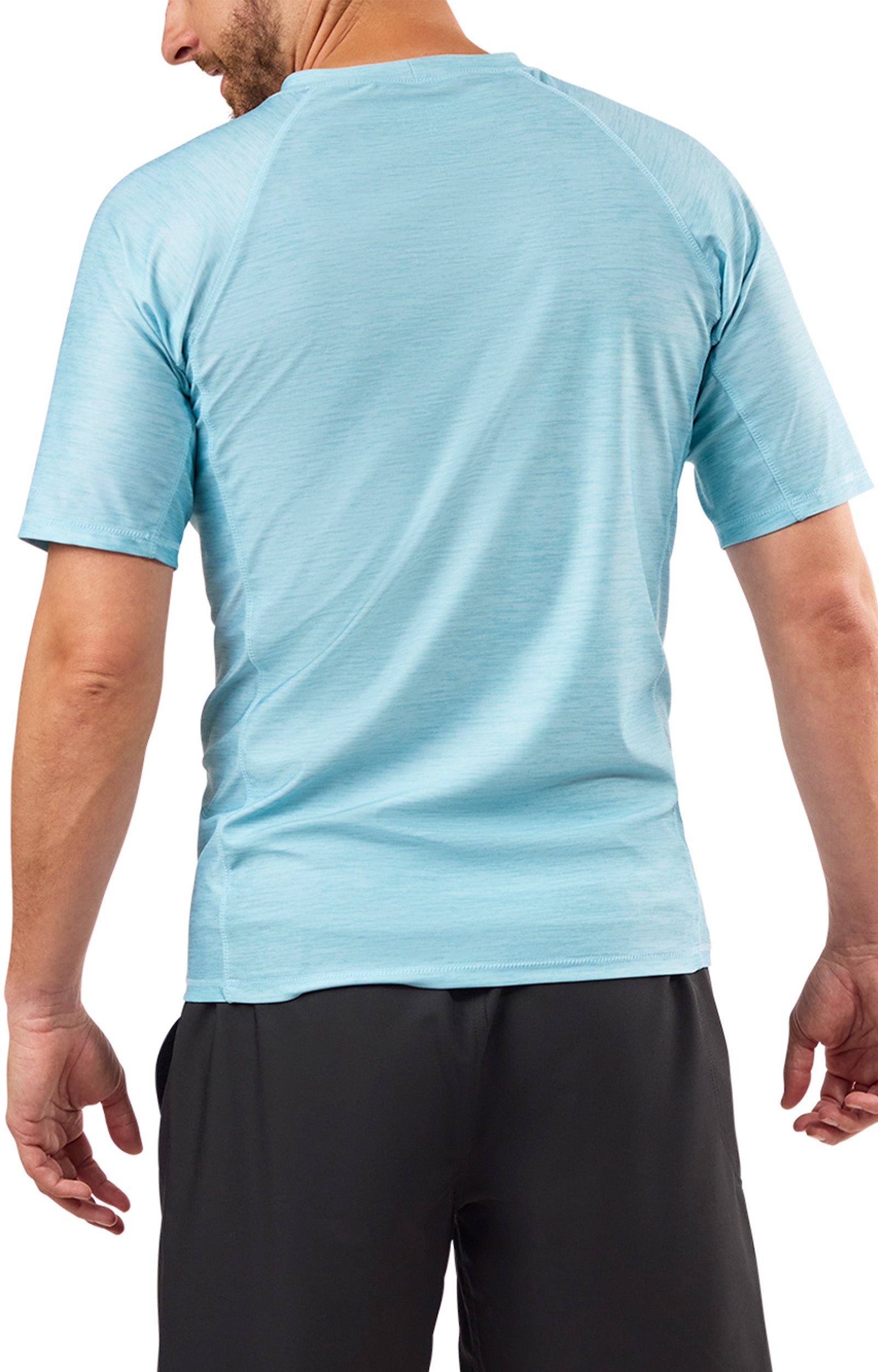 back view of mens short sleeve crew sun & swim shirt|aquamarine-jaspe