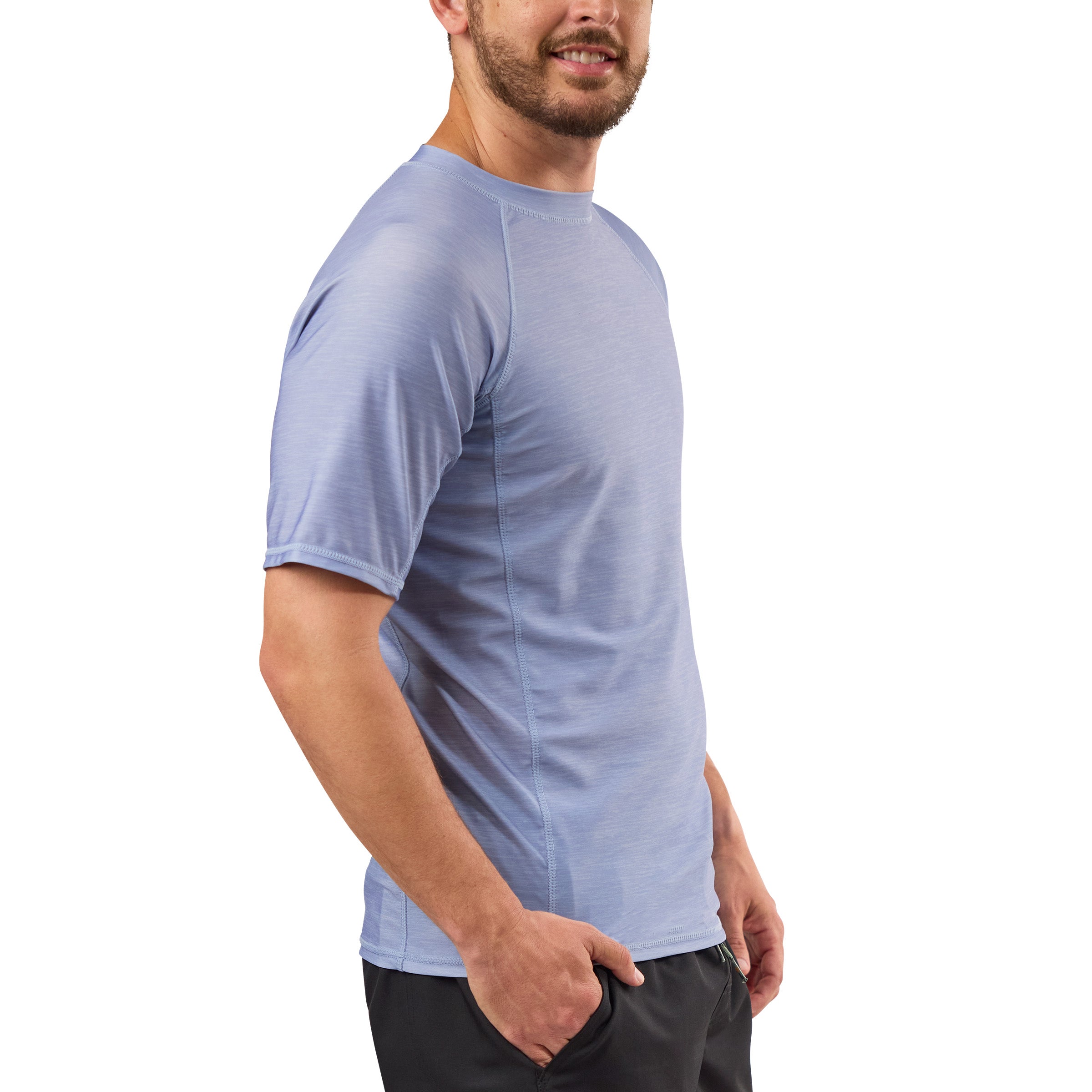 side view of mens short sleeve crew sun & swim shirt|coastal-jaspe