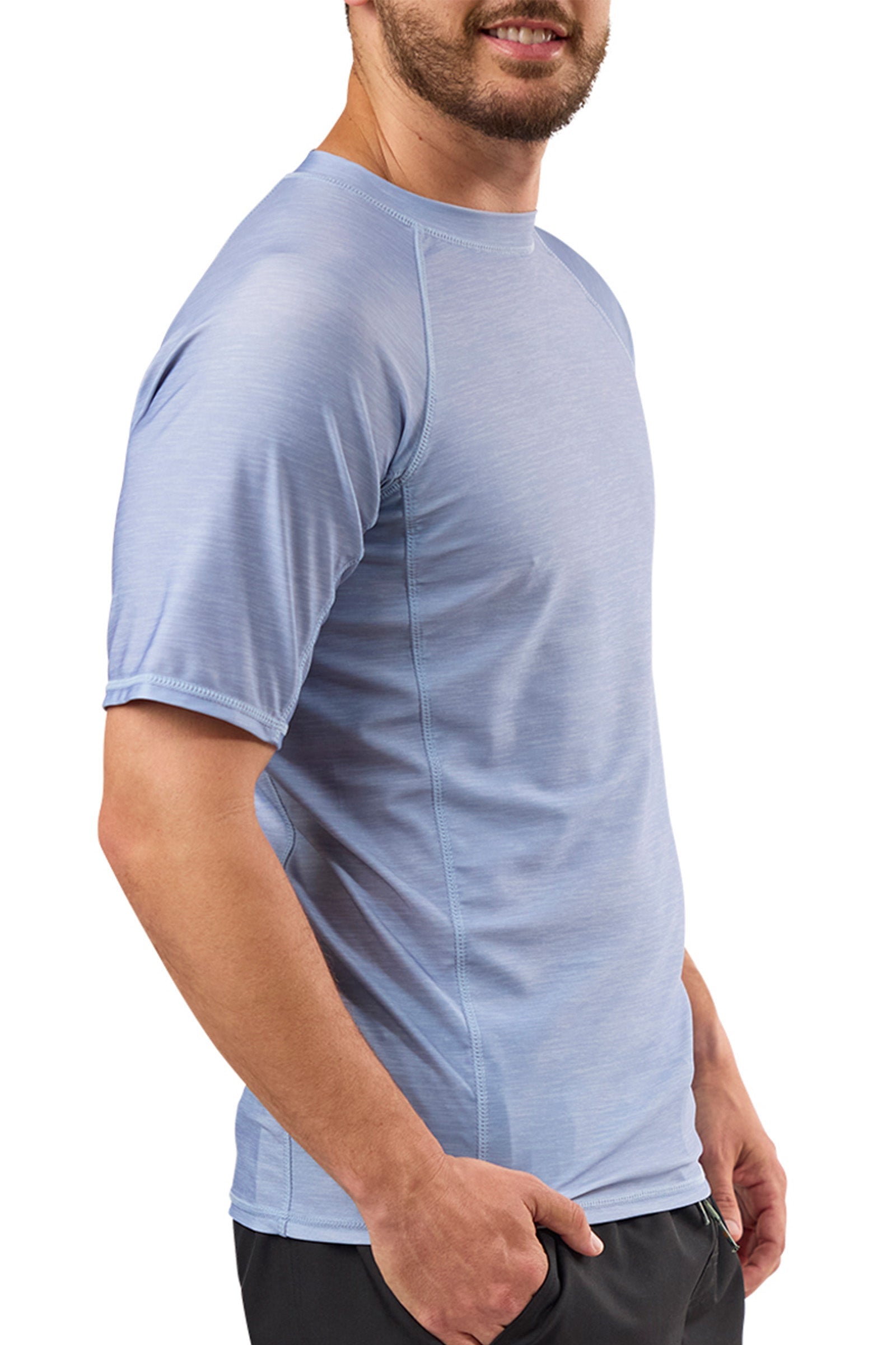 side view of mens short sleeve crew sun & swim shirt|coastal-jaspe