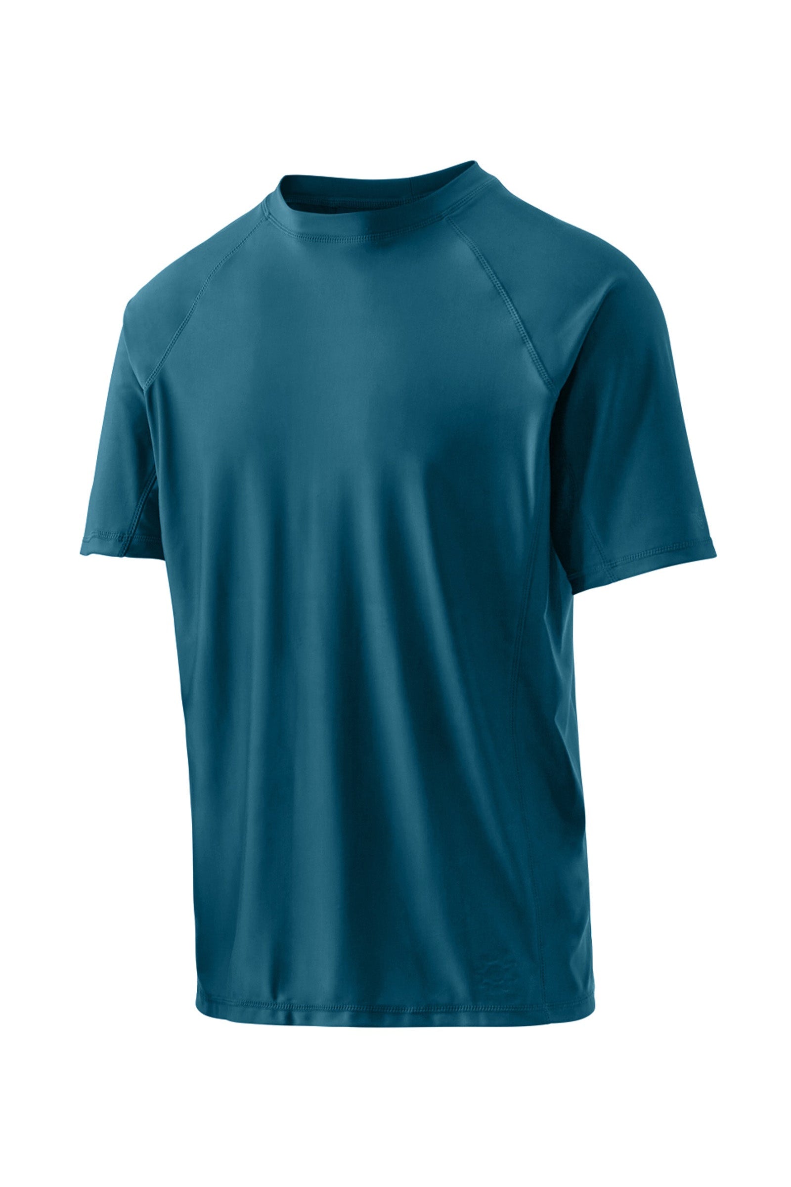 back view of the men's short sleeve swim shirt in dark teal|dark-teal