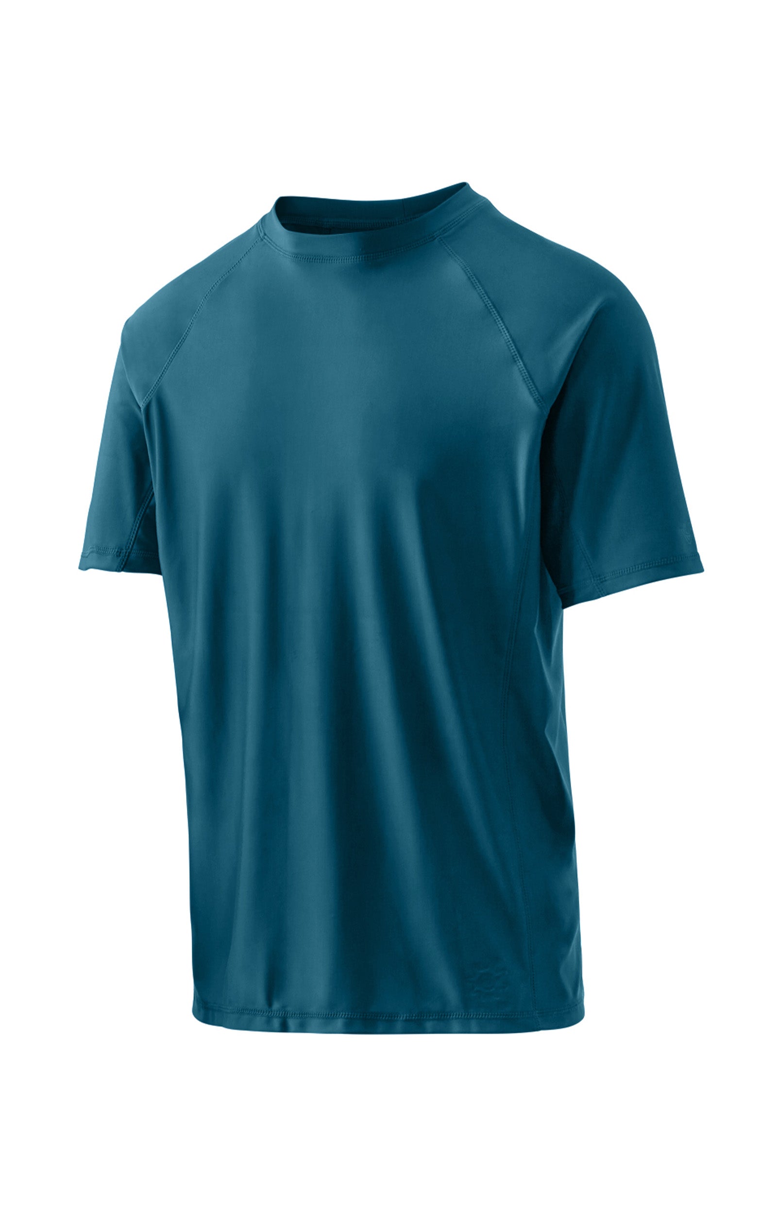 back view of the men's short sleeve swim shirt in dark teal|dark-teal