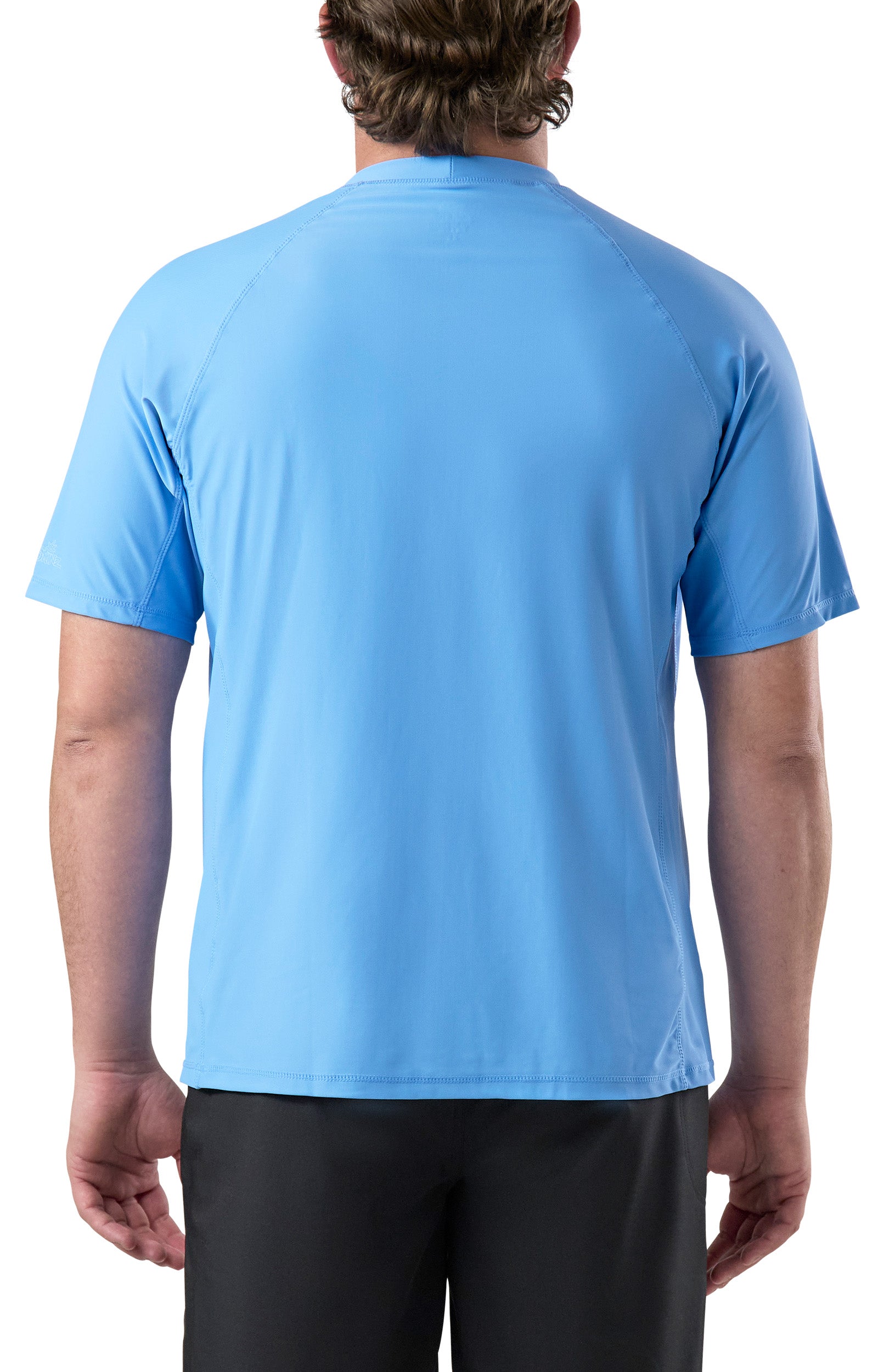 back view of UV Skinz's men's short sleeve swim shirt in light blue|light-blue