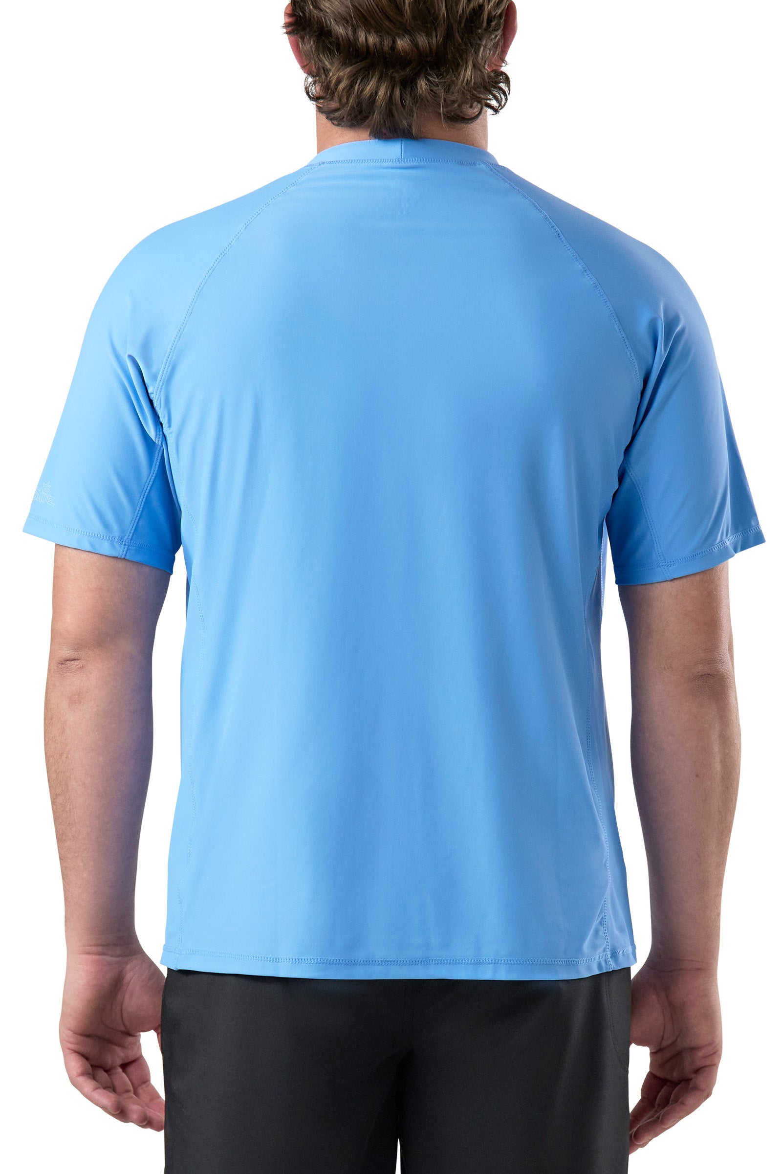 back view of UV Skinz's men's short sleeve swim shirt in light blue|light-blue