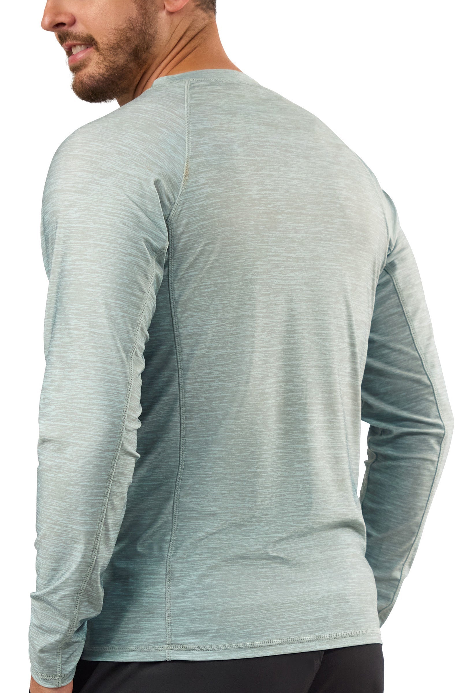 back view of mens long sleeve crew sun & swim shirt|agave-jaspe