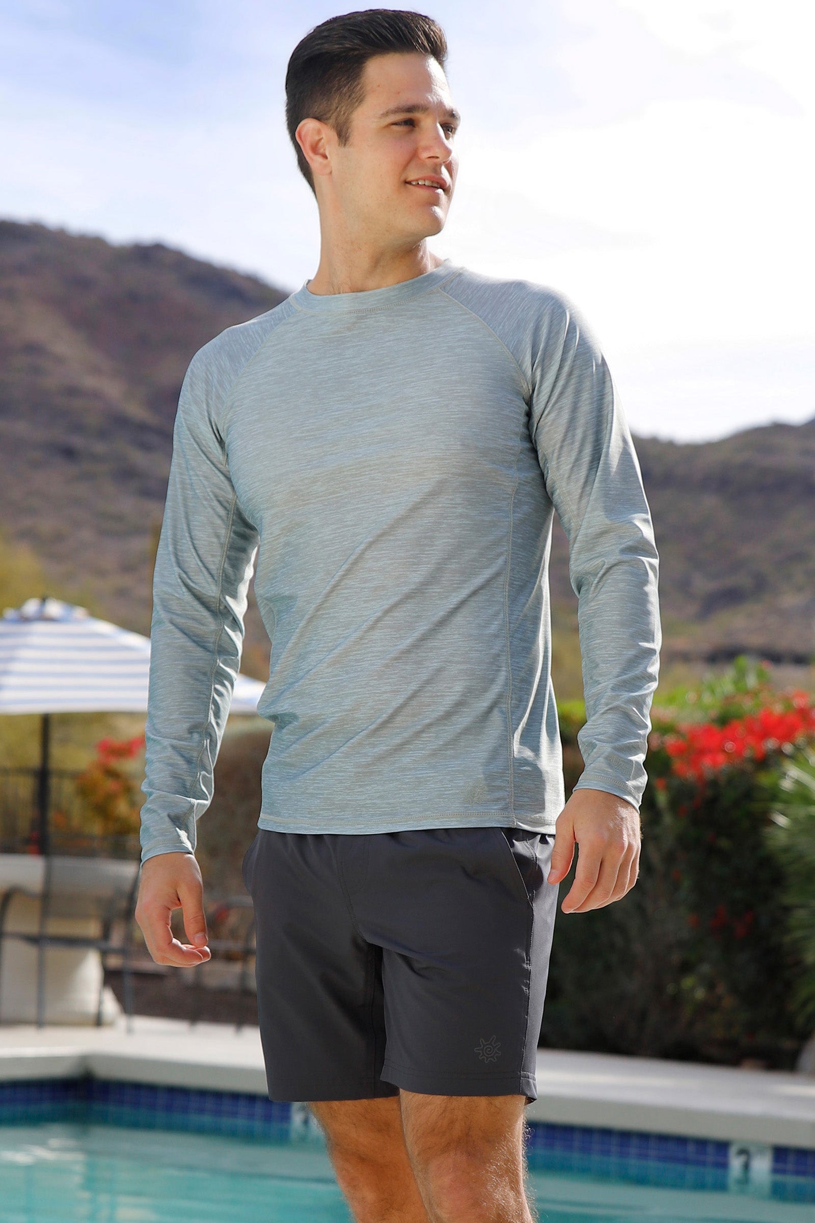 man by the pool wearing mens long sleeve crew sun & swim shirt|agave-jaspe