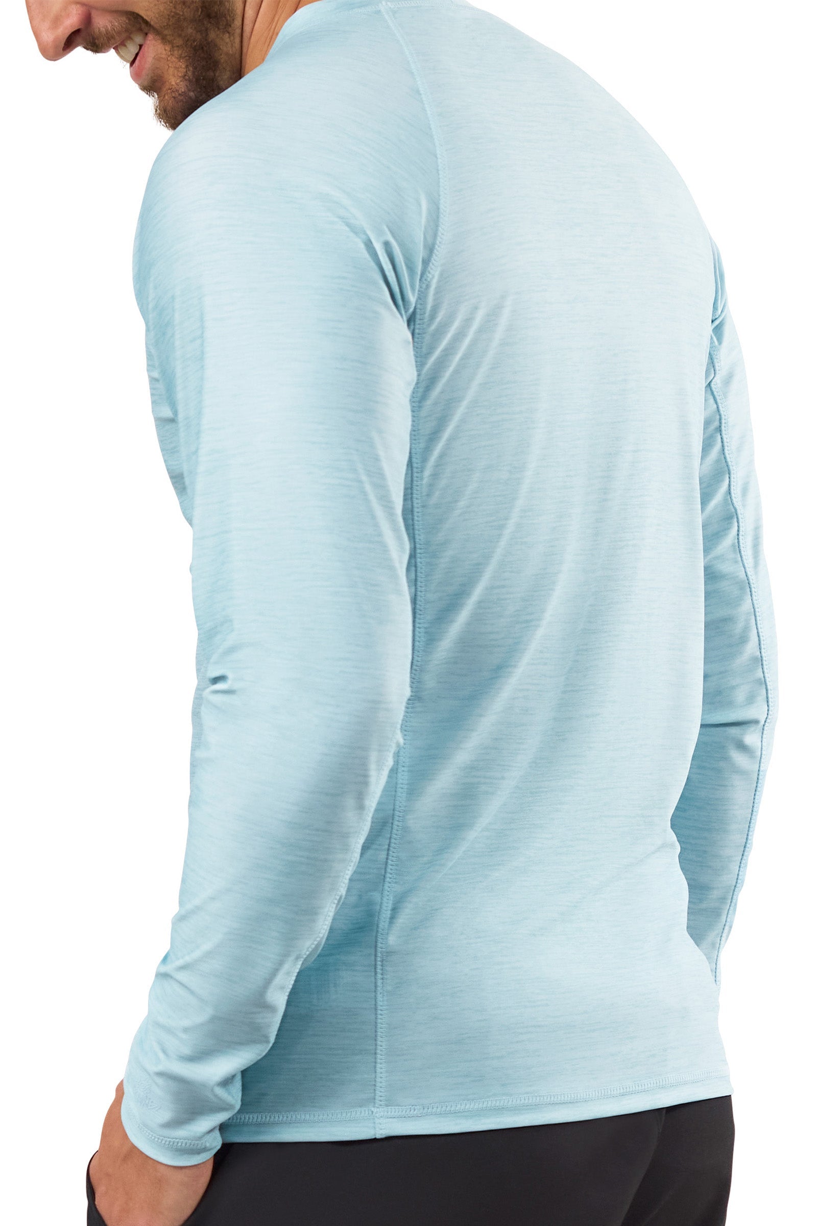 back view of mens long sleeve crew sun & swim shirt|aquamarine-jaspe