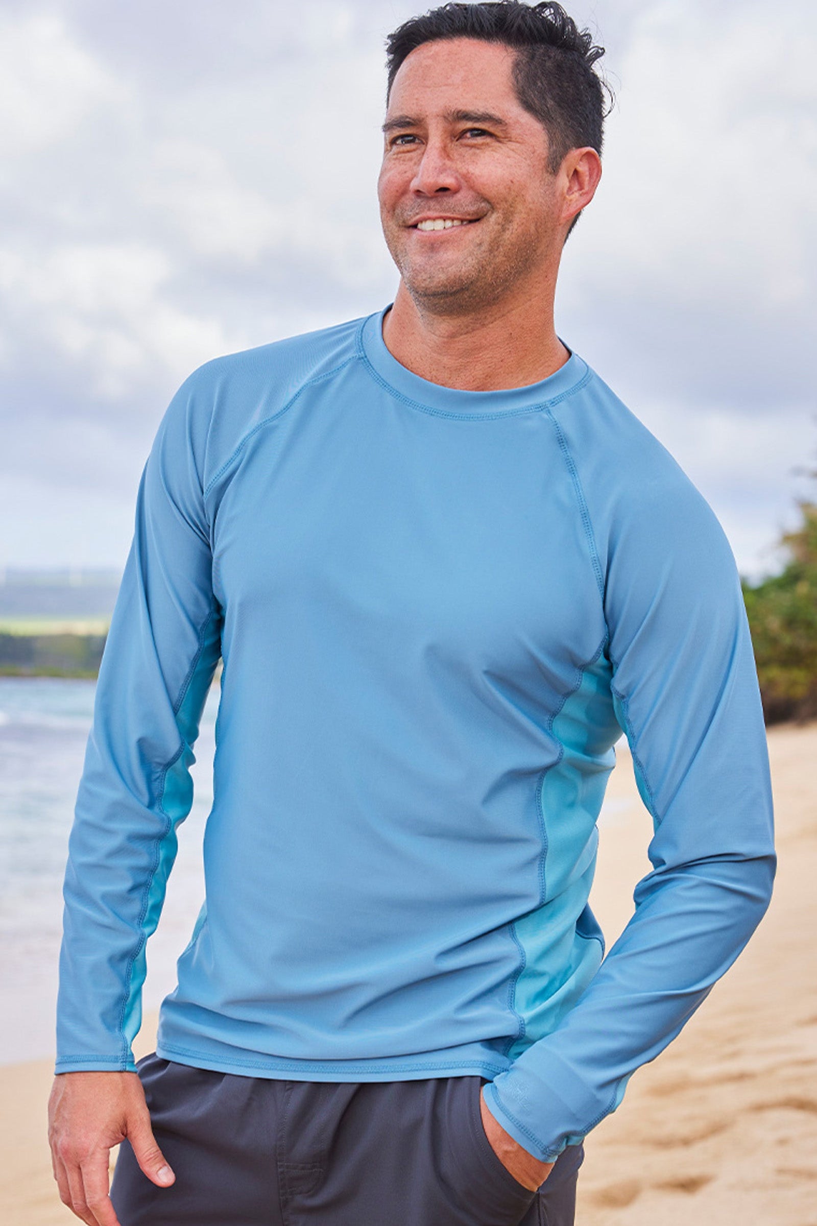 man walking on beach in long sleeve crew sun & swim shirt|baltic-lagoon