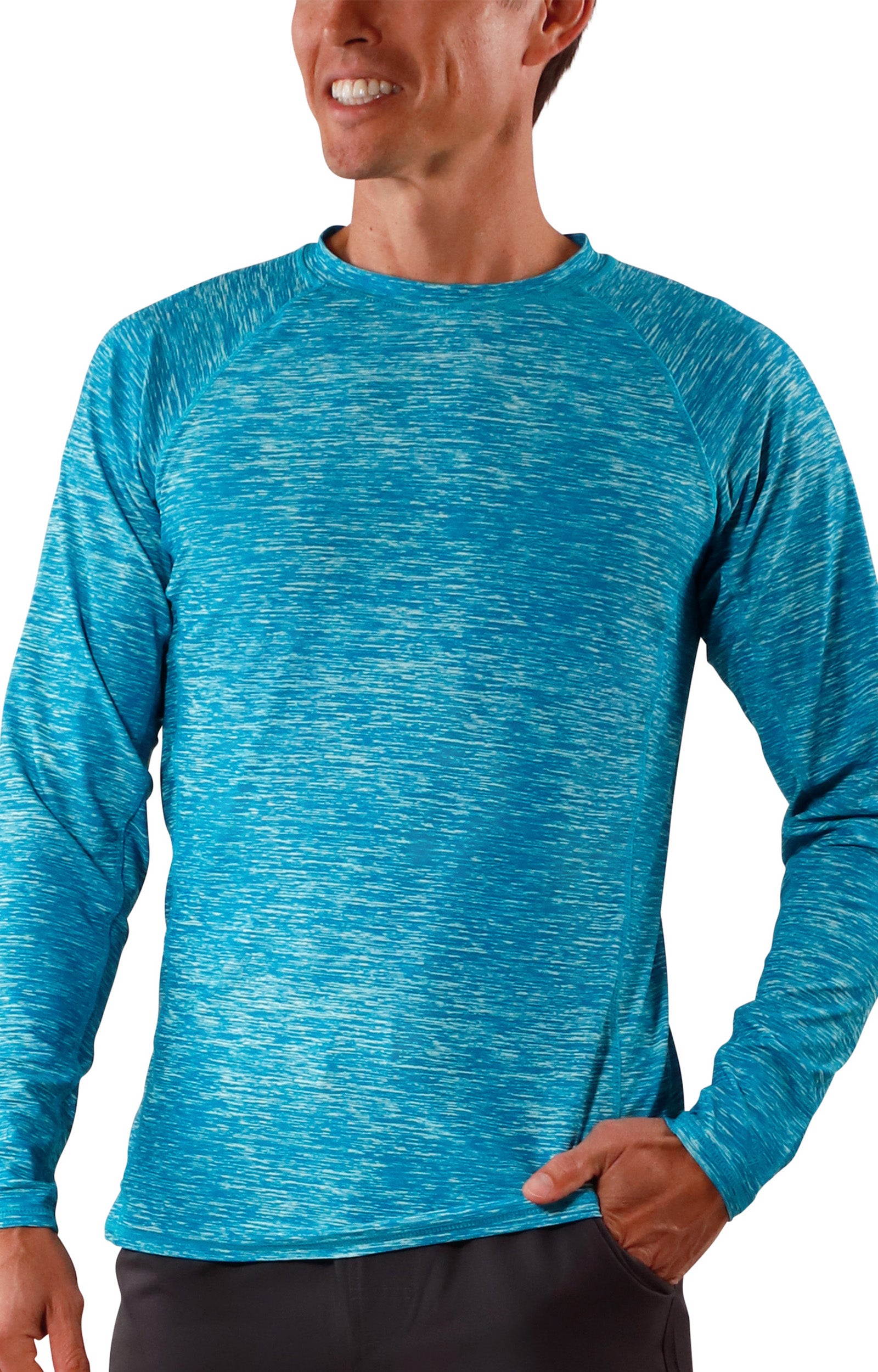 UV Skinz's men's long sleeve crew swim shirt in caribbean jaspe|caribbean-jaspe