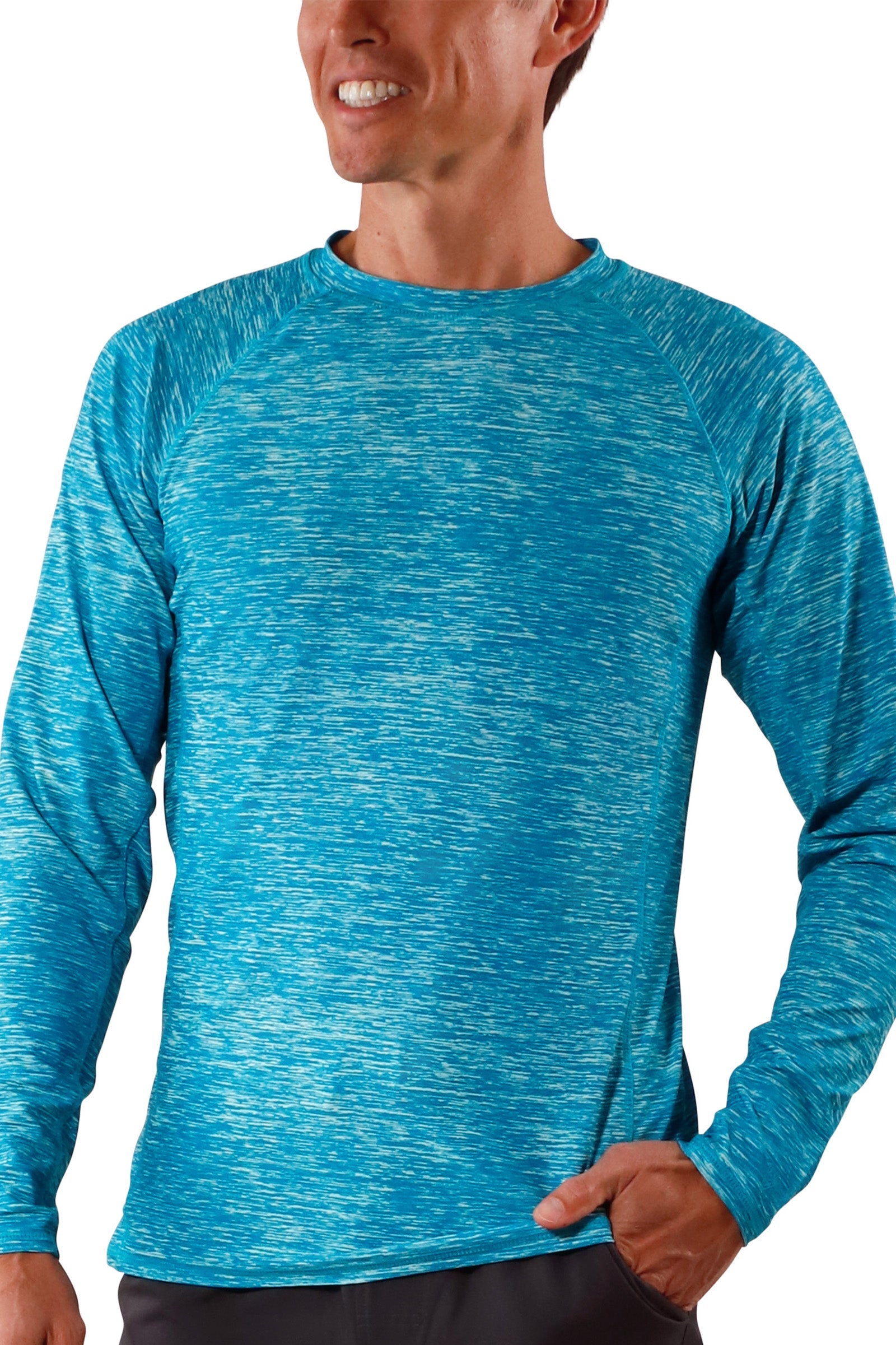 UV Skinz's men's long sleeve crew swim shirt in caribbean jaspe|caribbean-jaspe
