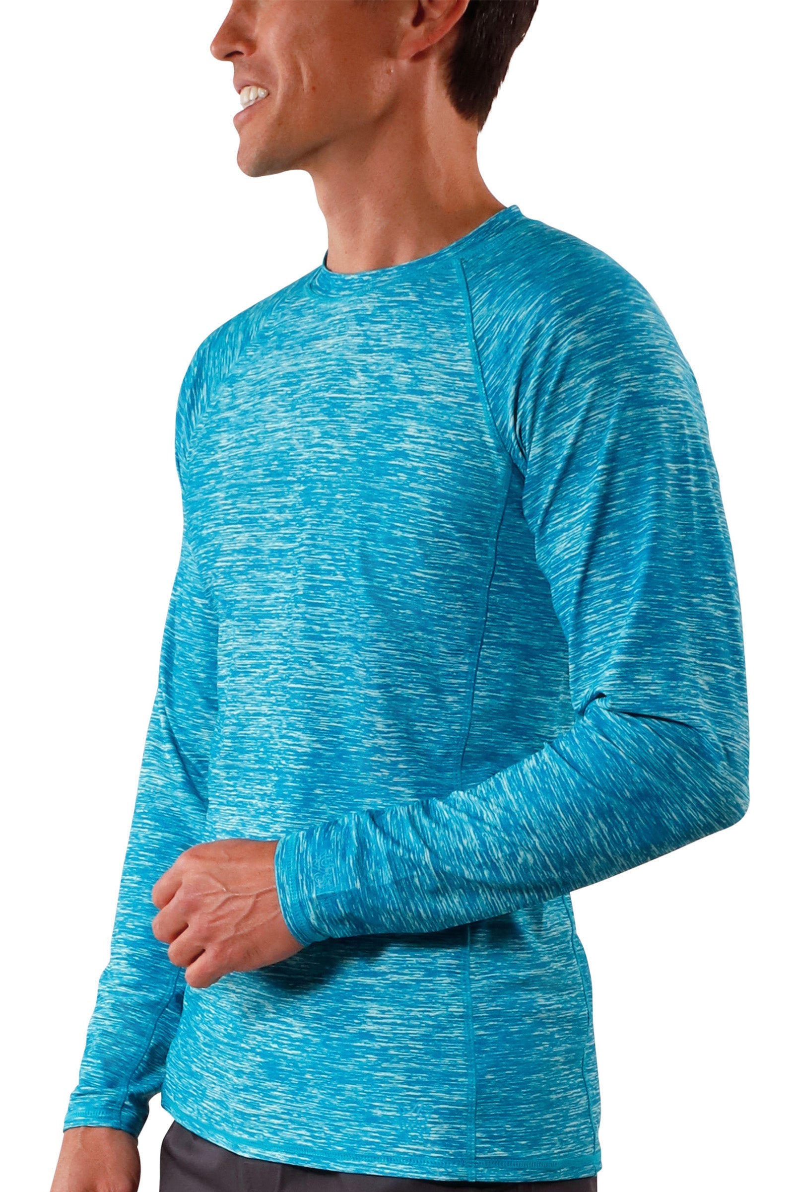 UV Skinz's men's long sleeve crew swim shirt in caribbean jaspe|caribbean-jaspe