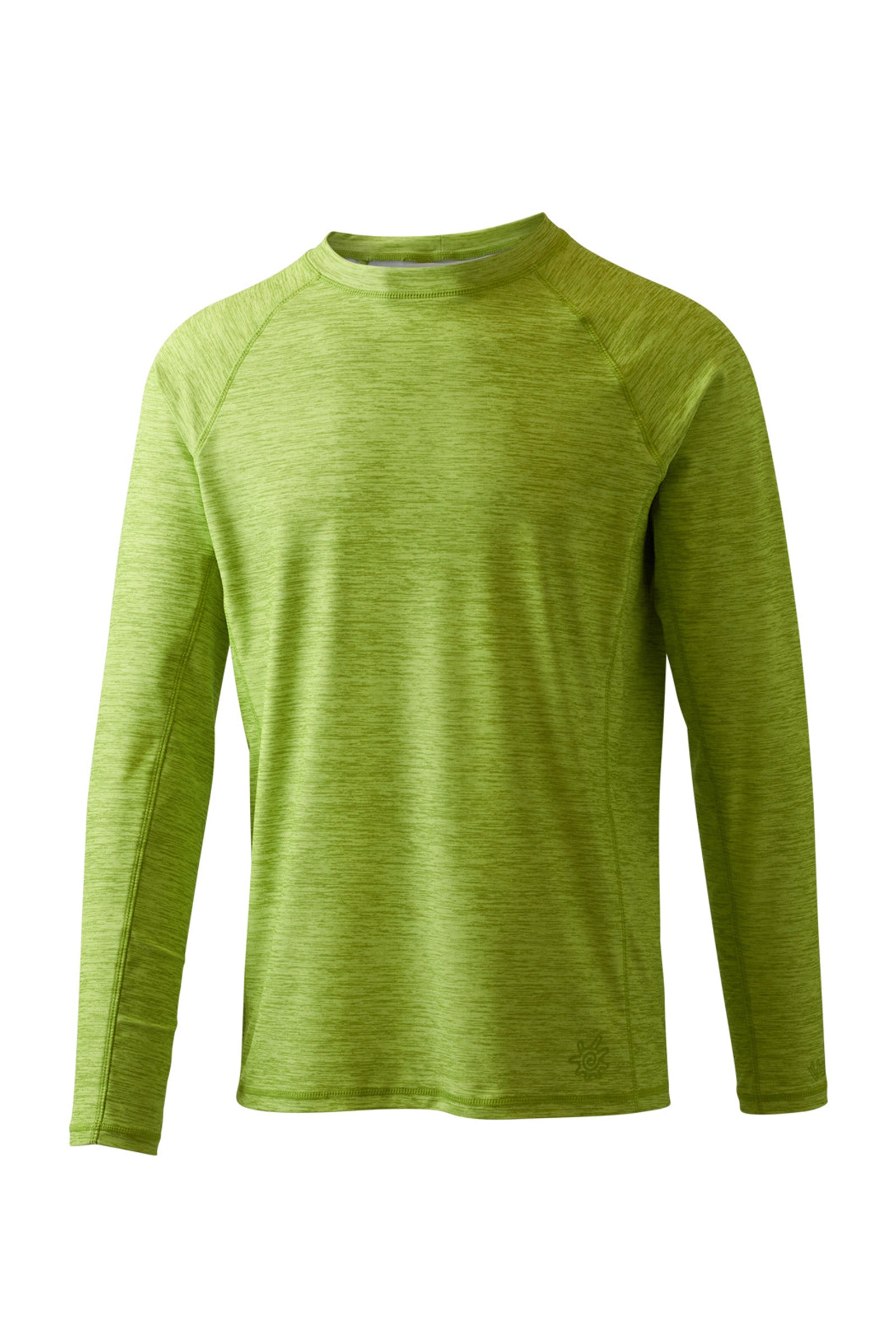 Side view of UV Skinz's men's long sleeve crew swim shirt in electric green jaspe