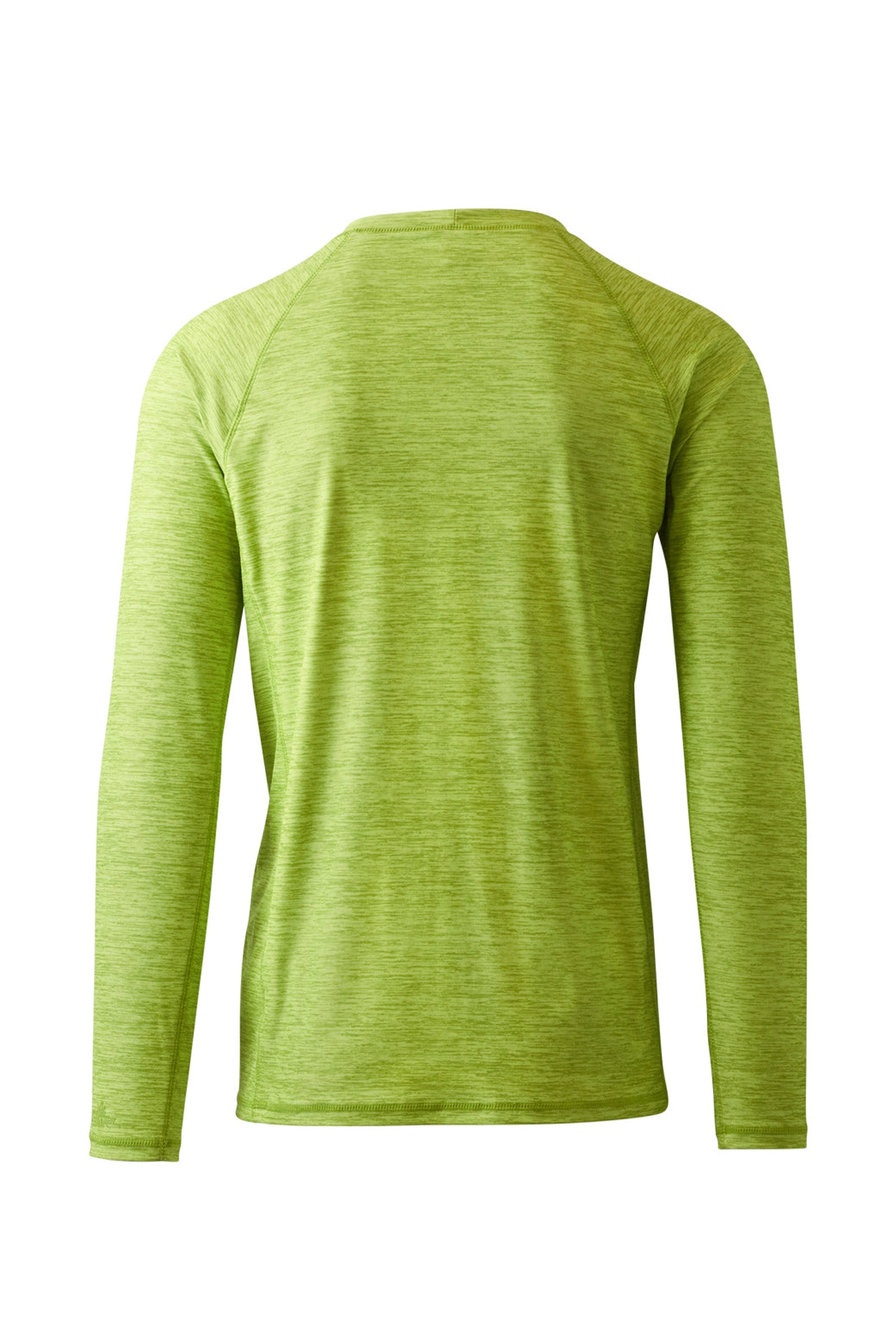 Back view of UV Skinz's men's long sleeve crew swim shirt in electric green jaspe