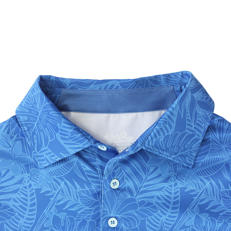 Close up of the collar on the men's short sleeve polo in distressed belize tropics|belize-tropics