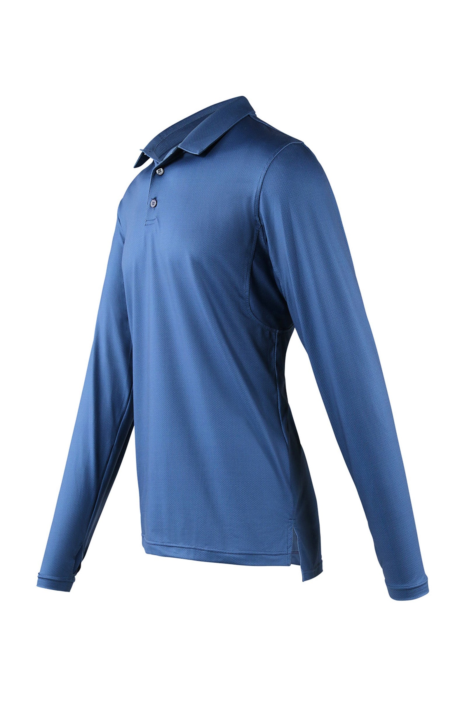 side view of mens long sleeve performance polo shirt in blue links|blue-links