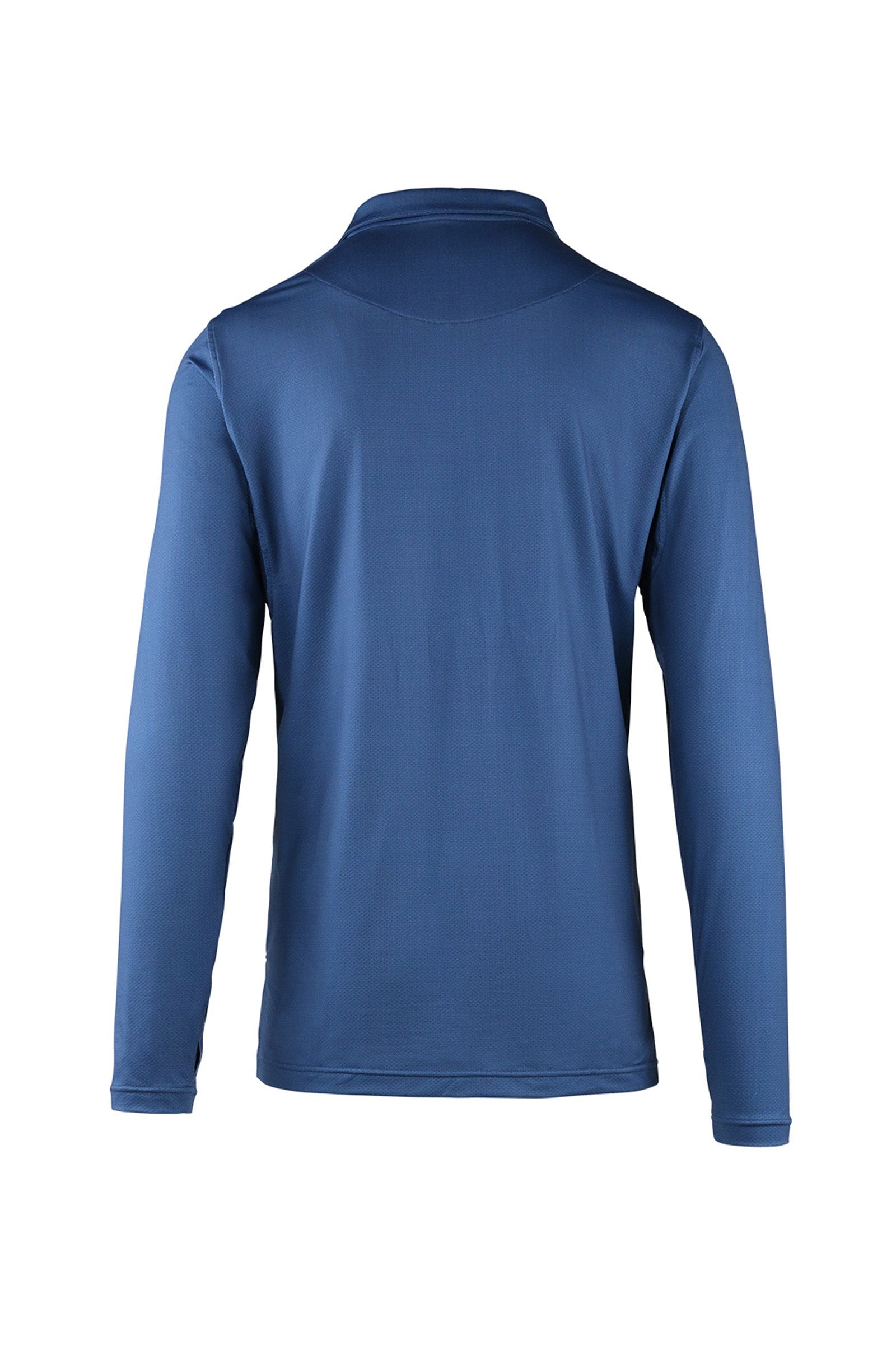 back view of mens long sleeve performance polo shirt in blue links|blue-links