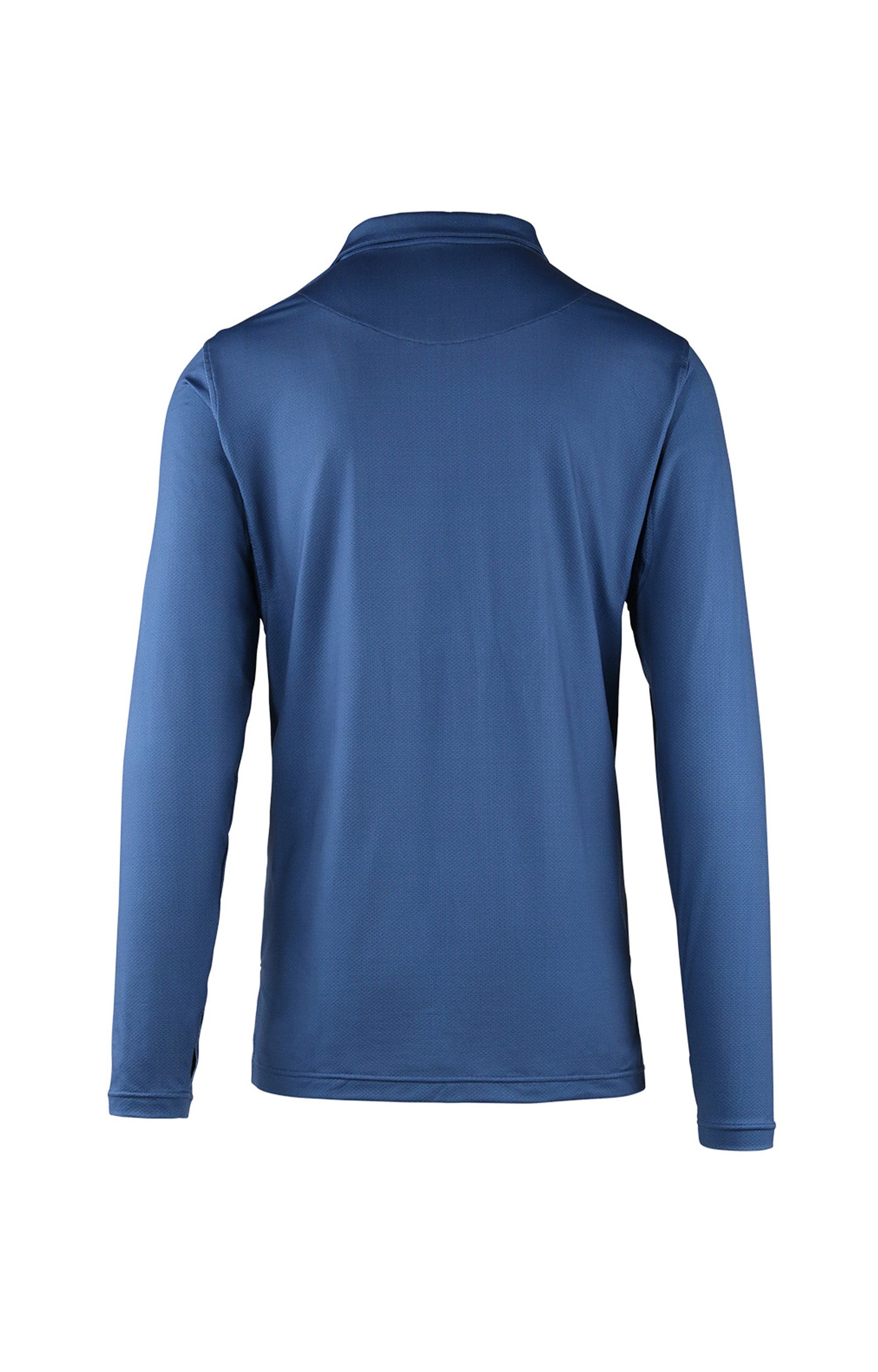 back view of mens long sleeve performance polo shirt in blue links|blue-links