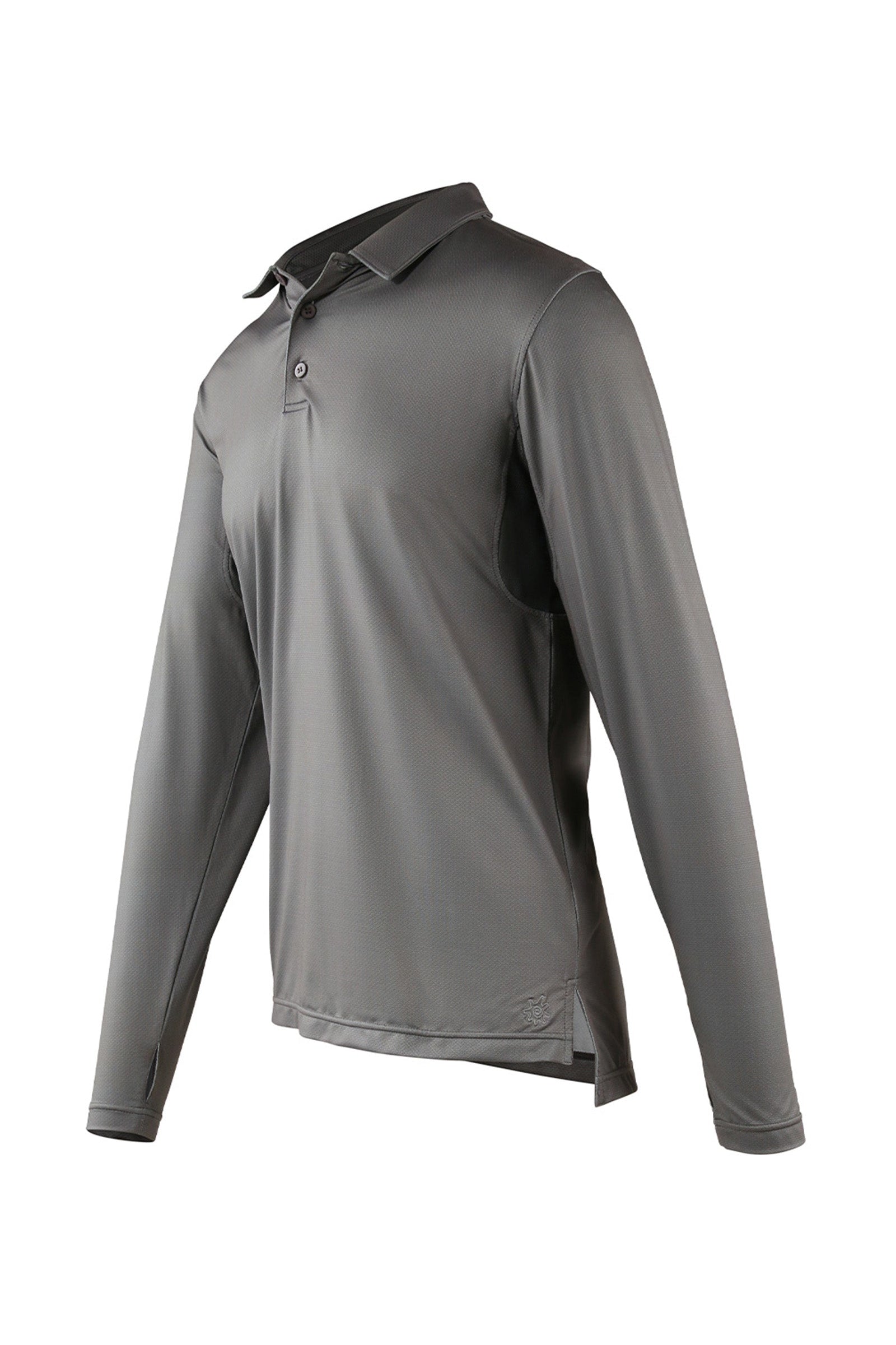 side view of mens long sleeve performance polo shirt in grey links|grey-links