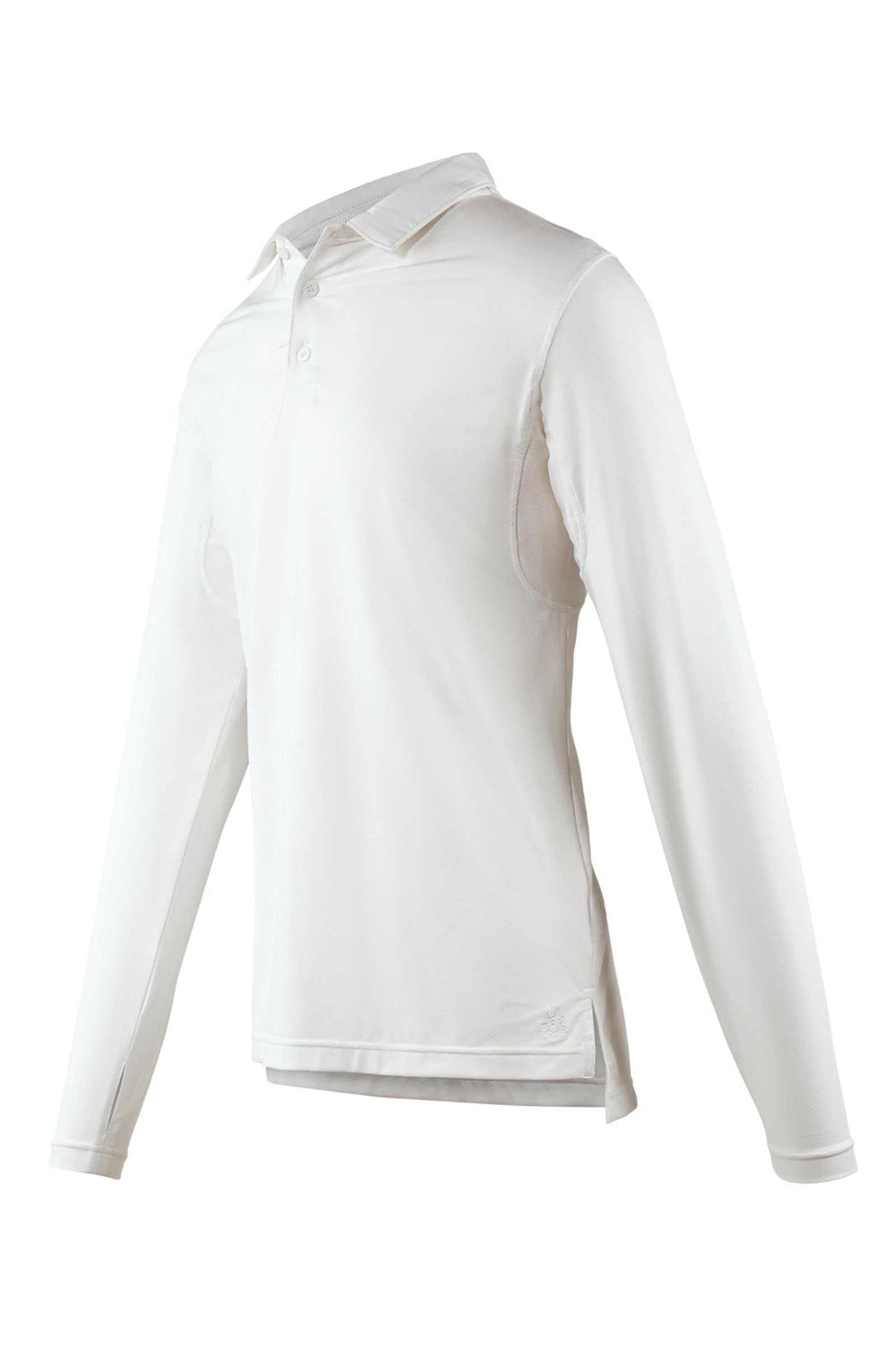 side view of mens long sleeve performance polo shirt in white|white