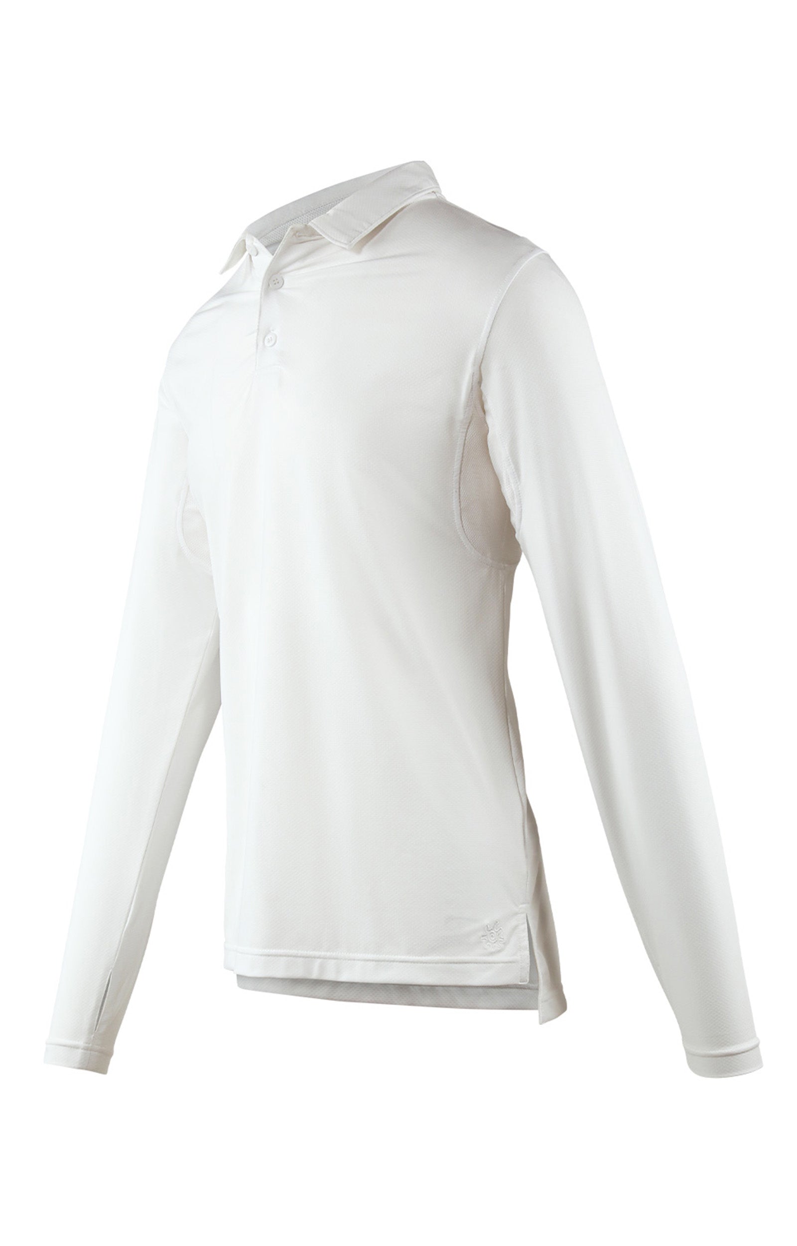 side view of mens long sleeve performance polo shirt in white|white