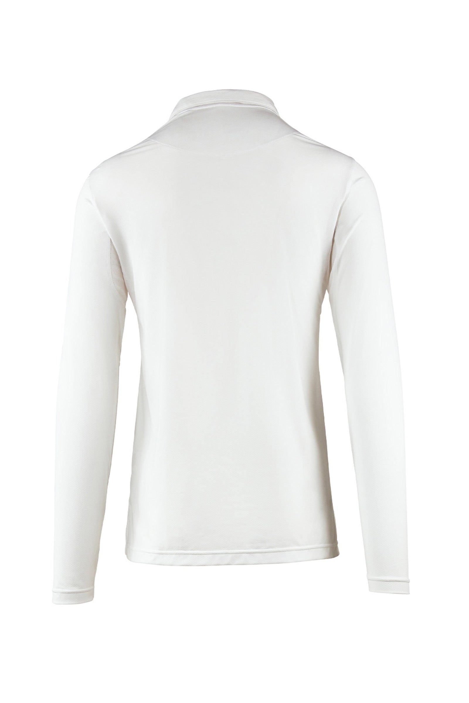 back view of mens long sleeve performance polo shirt in white|white