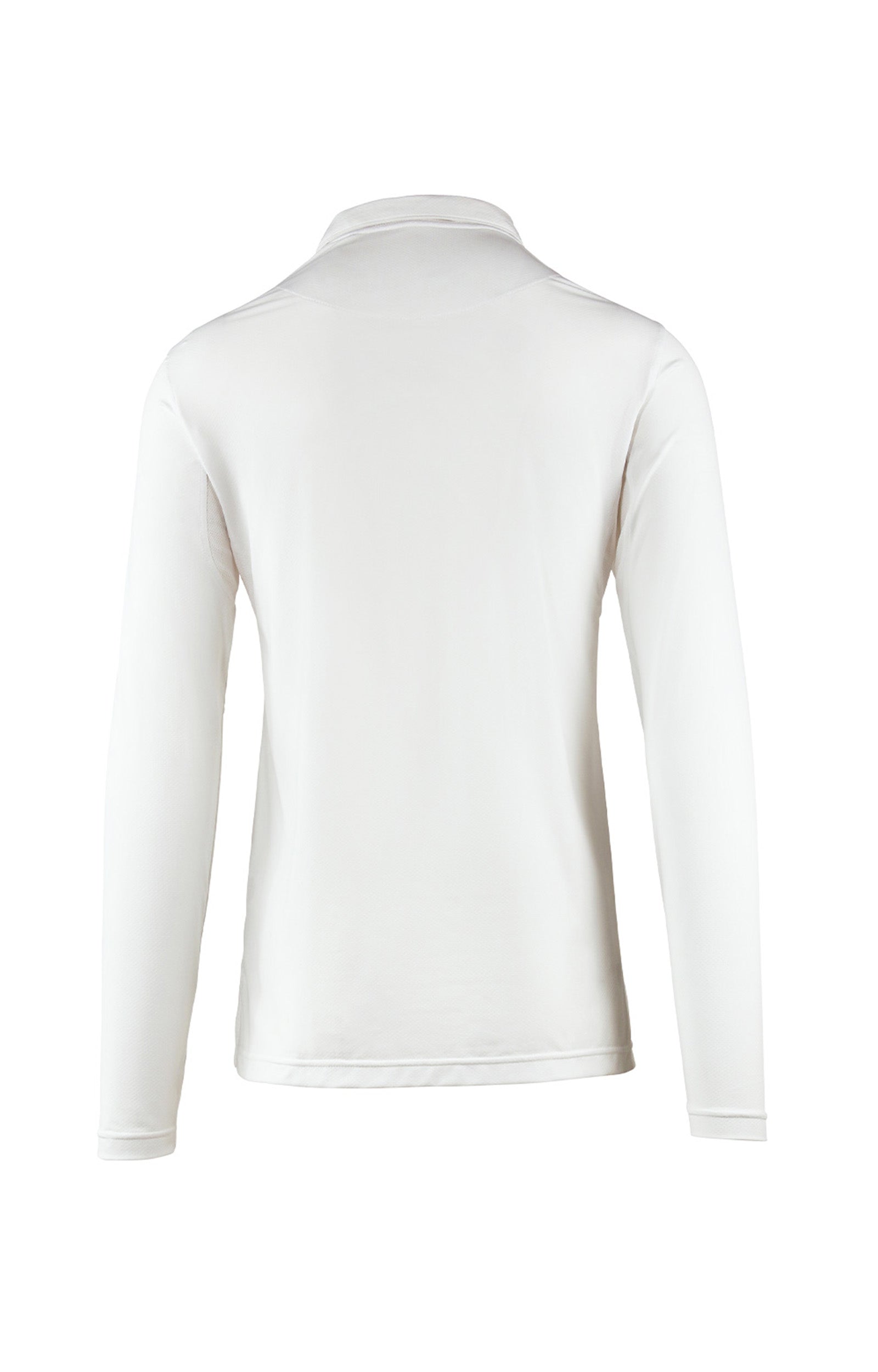 back view of mens long sleeve performance polo shirt in white|white