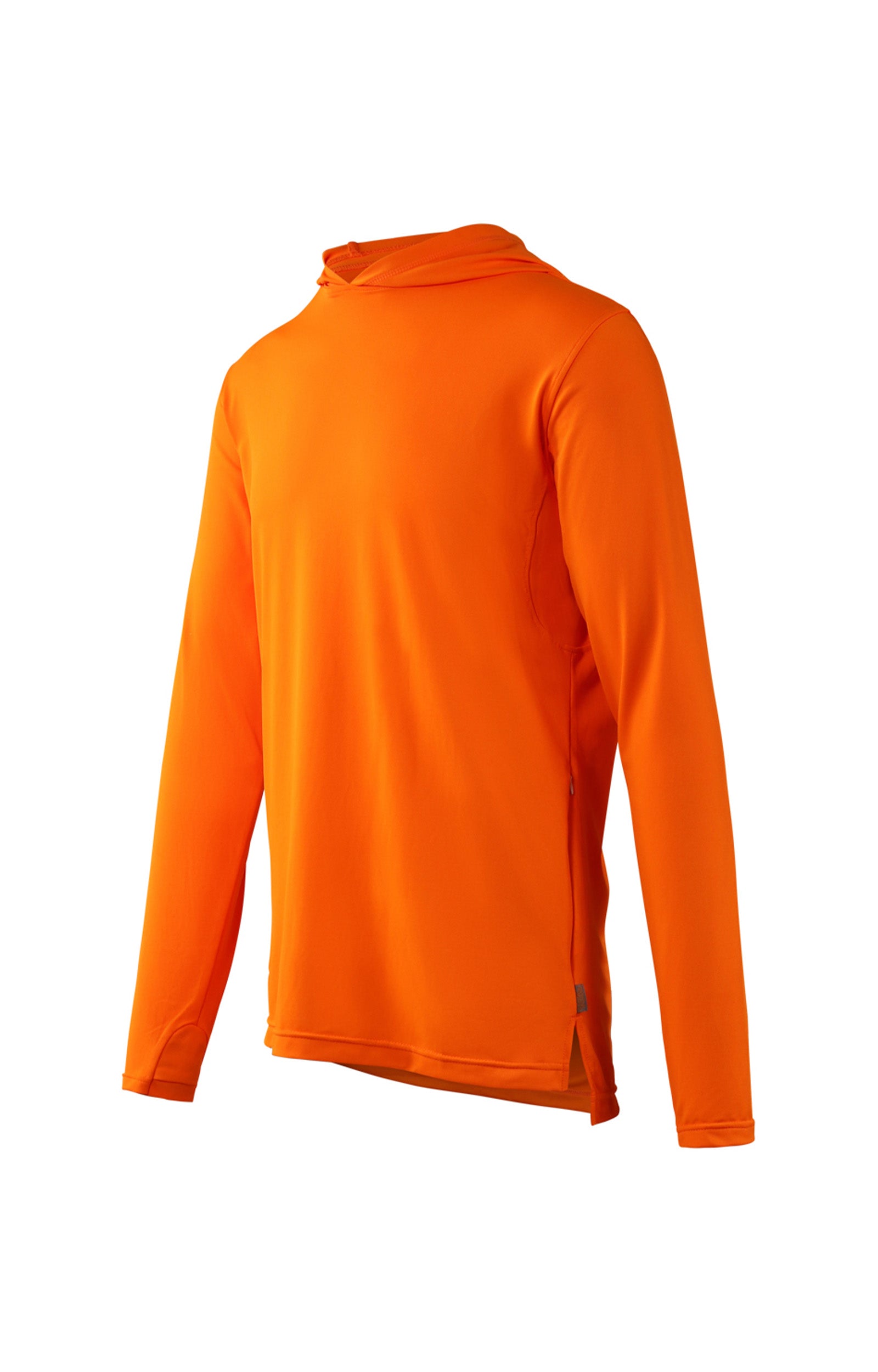 side view of mens workwear sun performance hoodie in neon orange|neon-orange