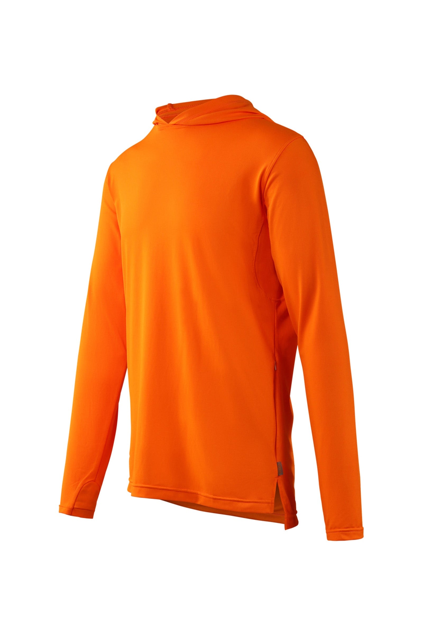 side view of mens workwear sun performance hoodie in neon orange|neon-orange