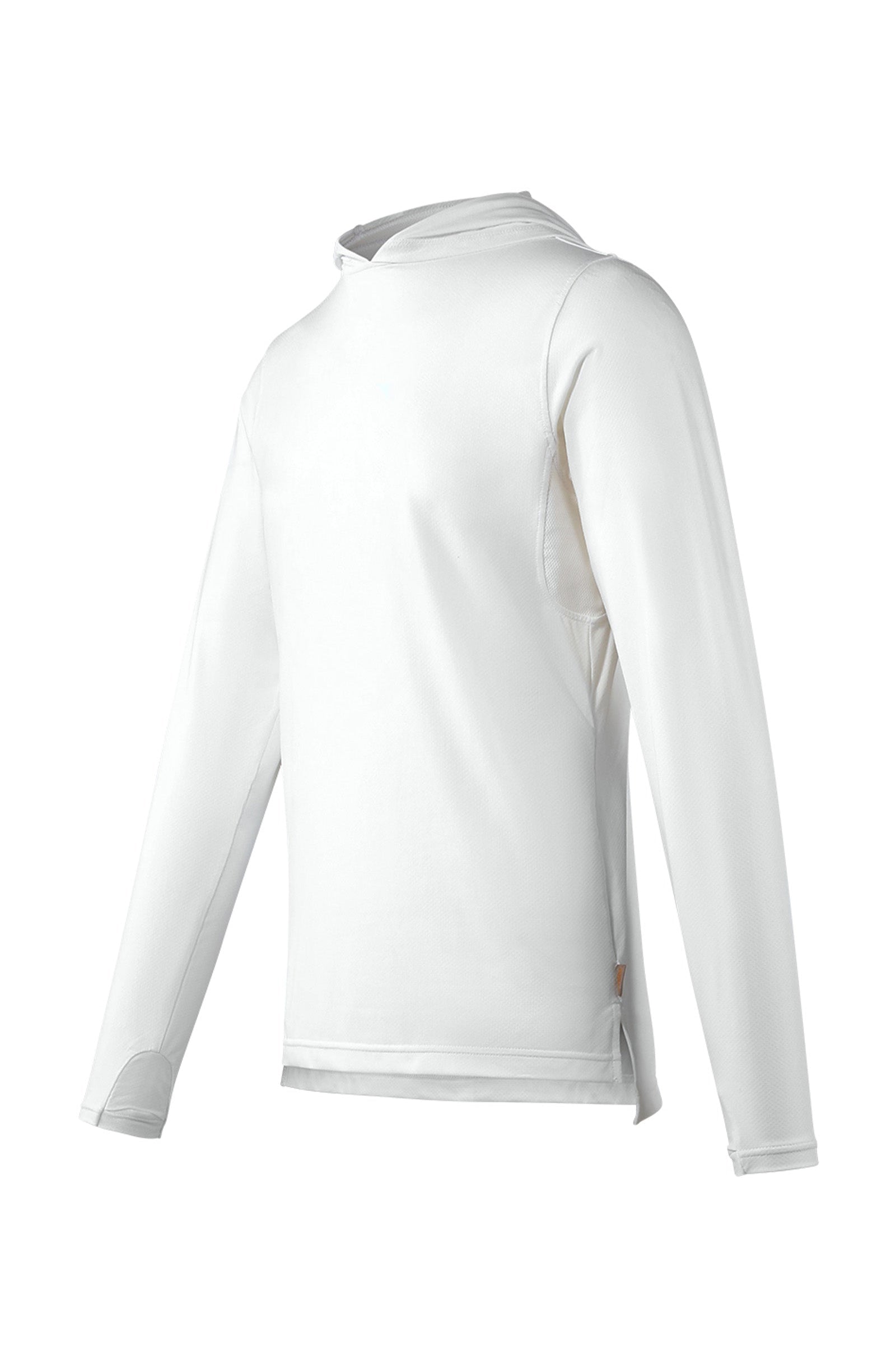 side view of mens performance sun hoodie in white|white
