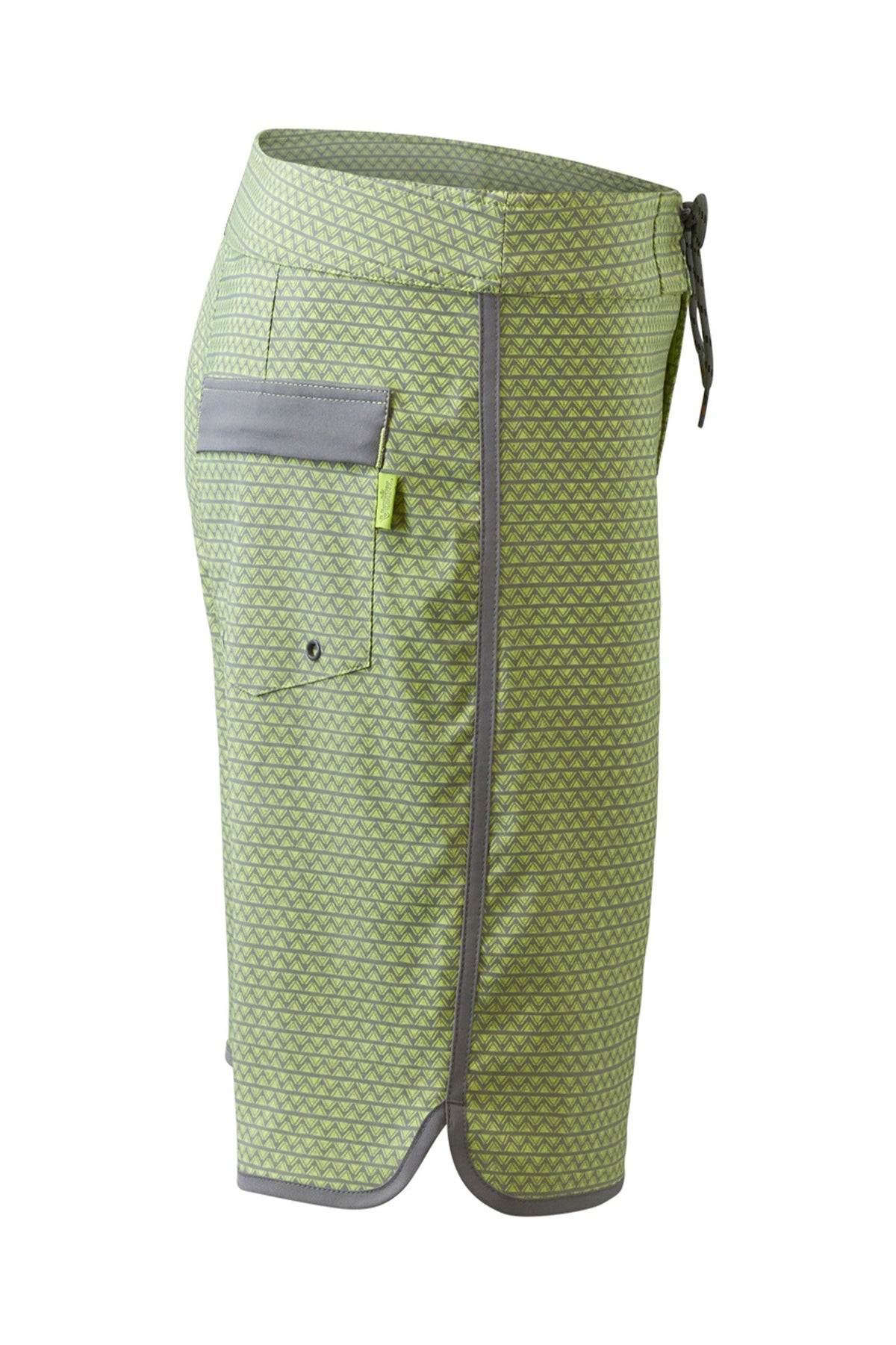 side view of the men's board shorts in electric green zigzag|electric-green-zigzag