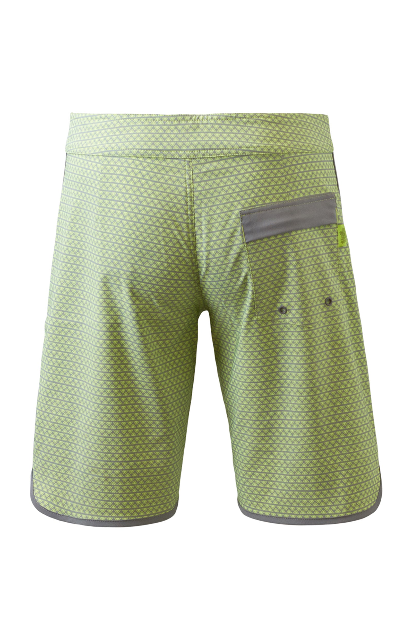 back view of the men's board shorts in electric green zigzag|electric-green-zigzag