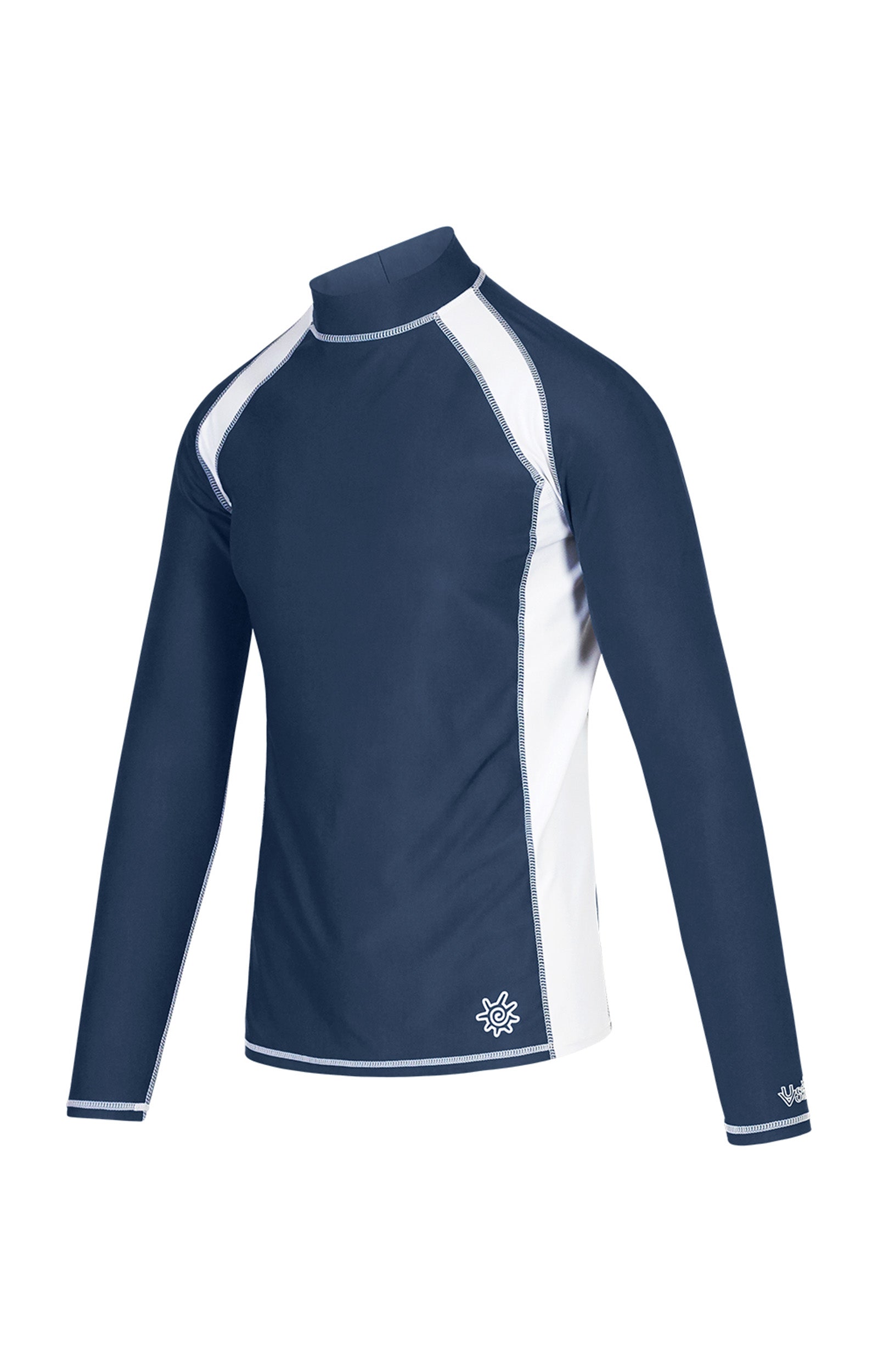 side view of the men's long sleeve active swim shirt in midnight white|midnight-white