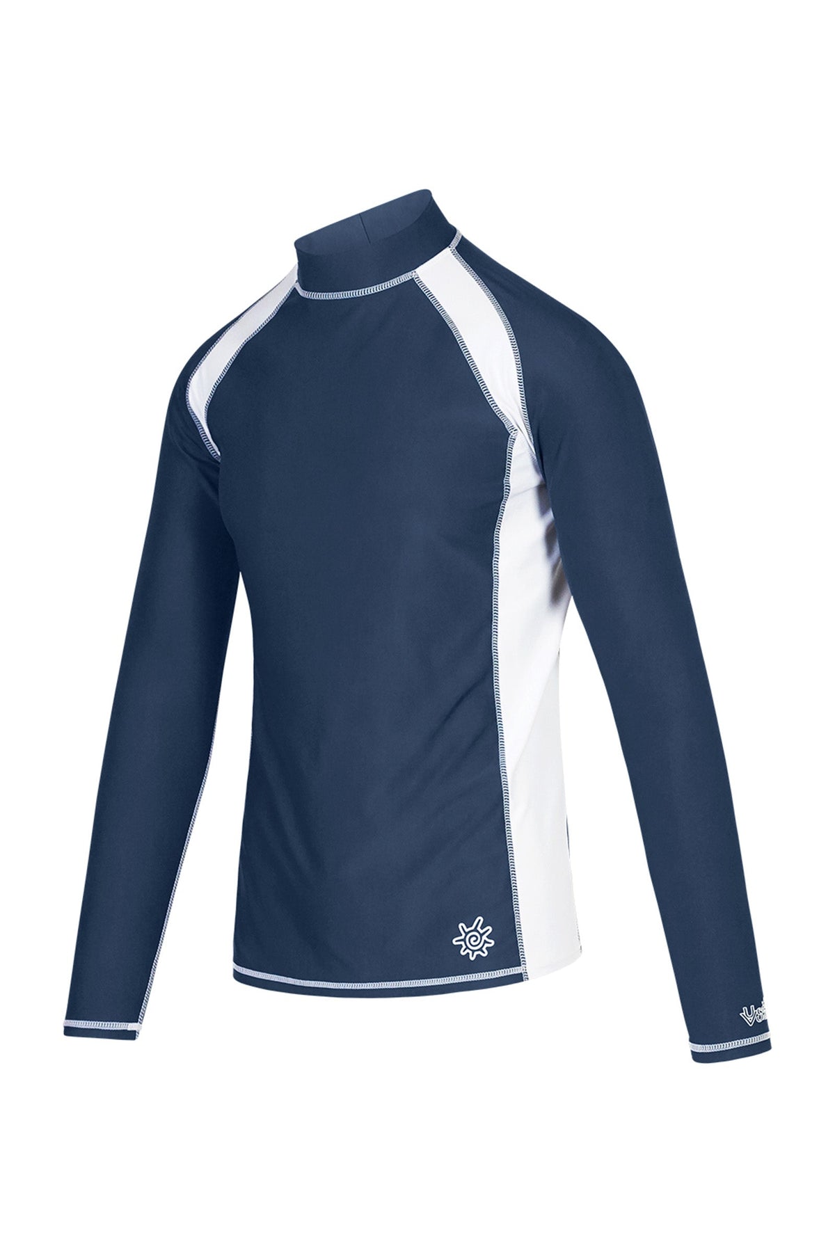 side view of the men's long sleeve active swim shirt in midnight white|midnight-white