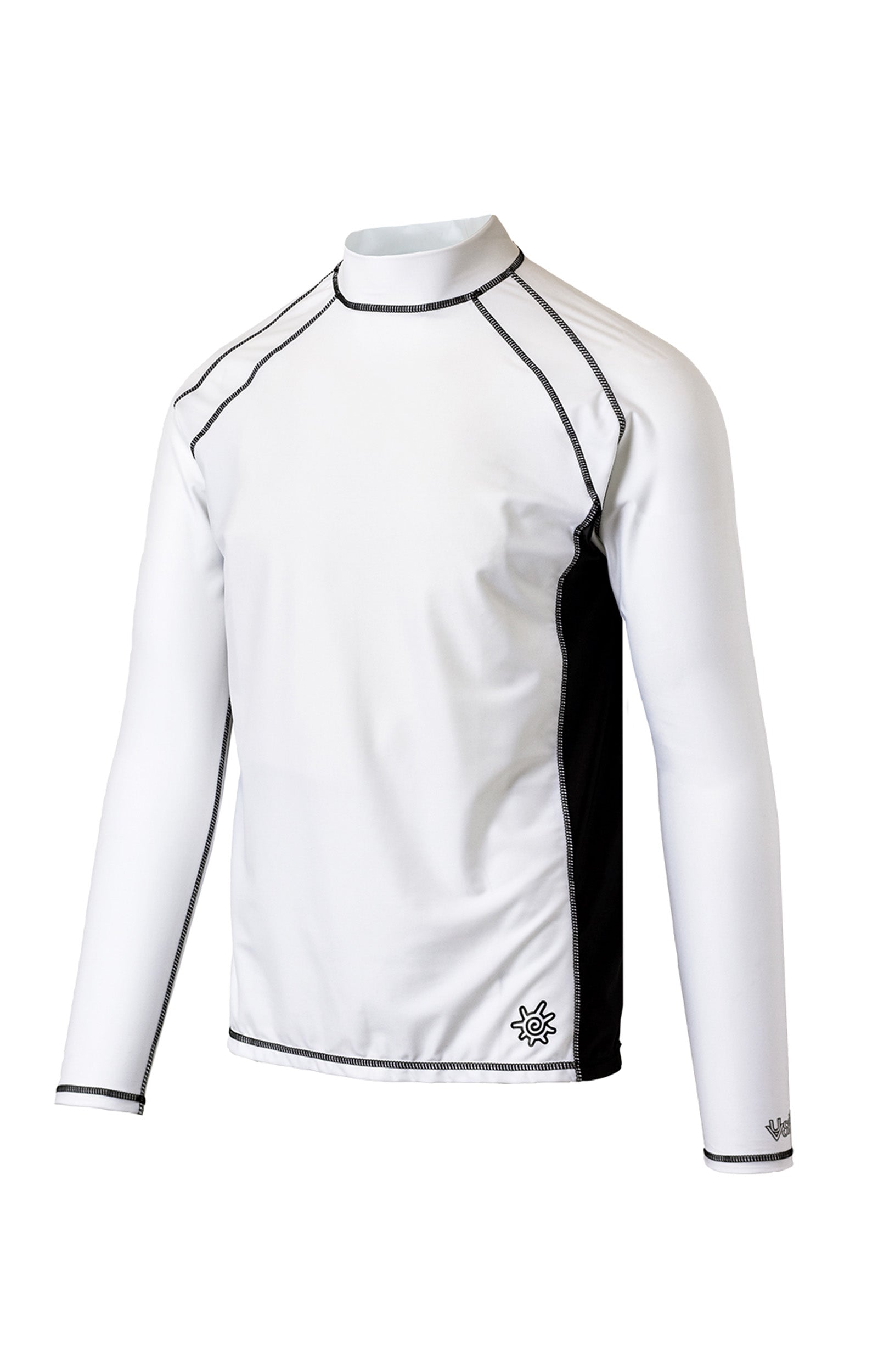 side view of the men's long sleeve active swim shirt in white black|white-black