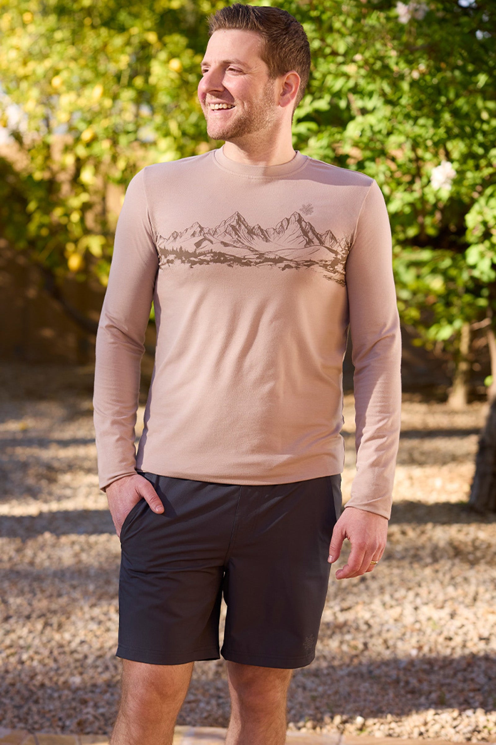 man walking in long sleeve everyday tee UPF|sandstone