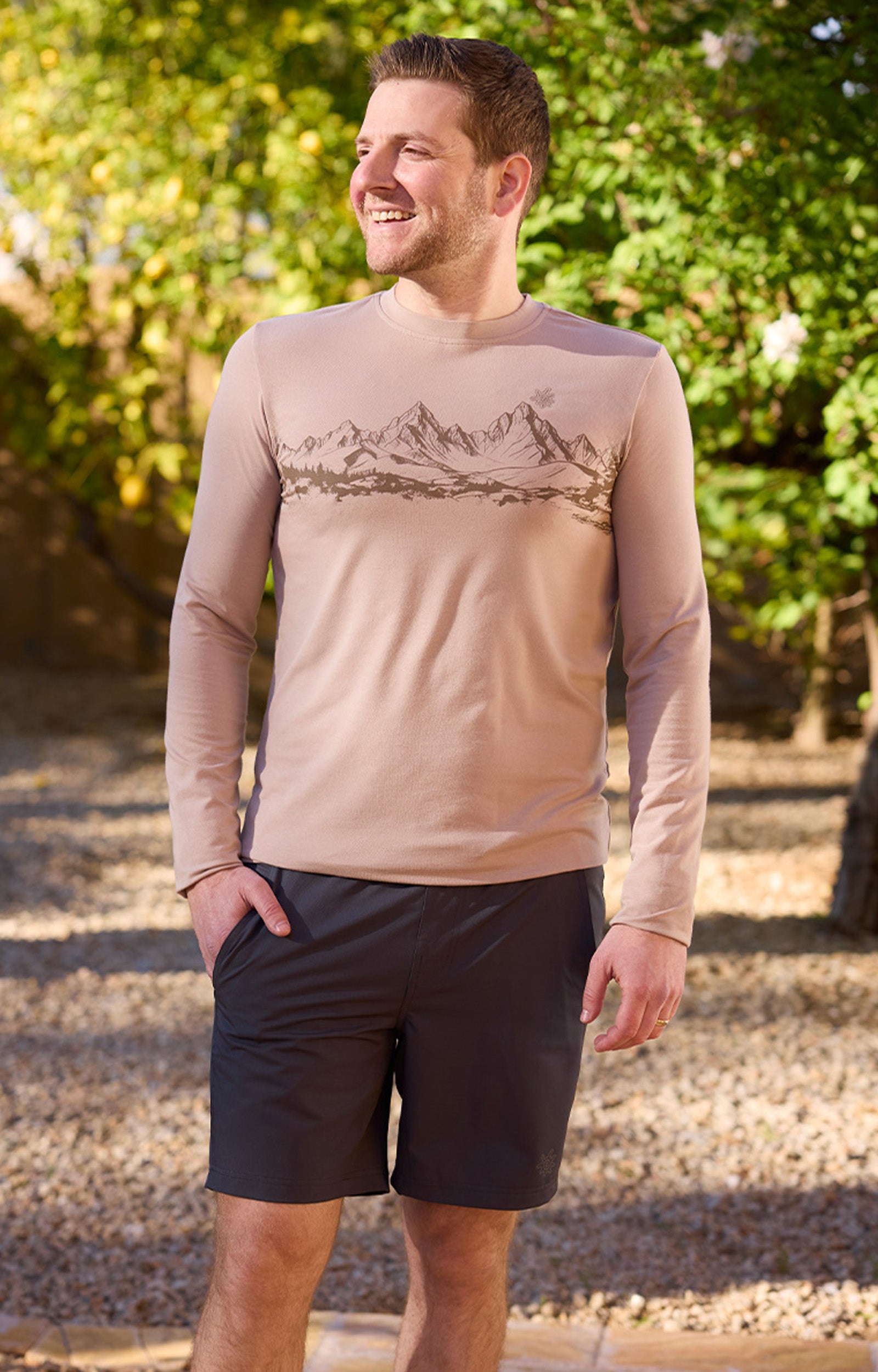 man walking in long sleeve everyday tee UPF|sandstone