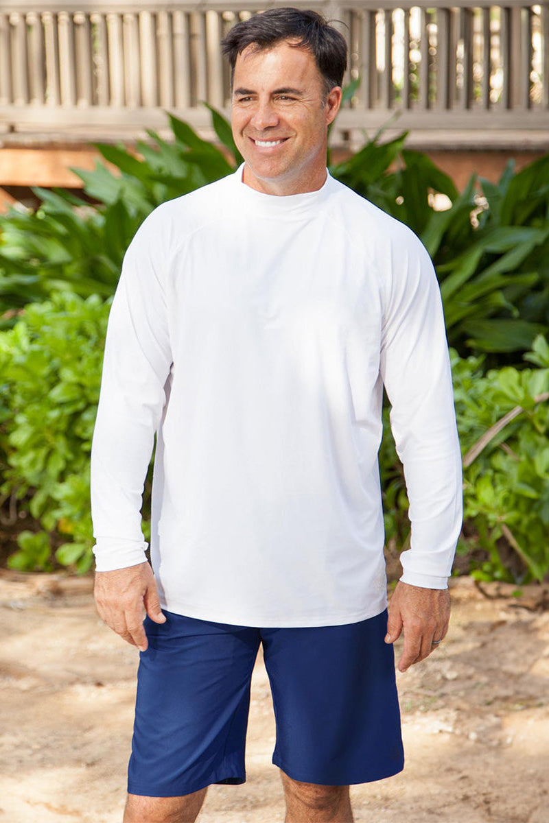 Man wearing UV Skinz's men's white long sleeve swim shirt|white