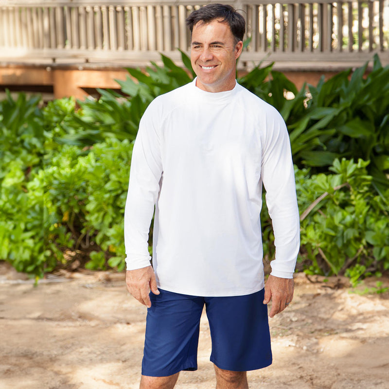 Man wearing UV Skinz's men's white long sleeve swim shirt|white
