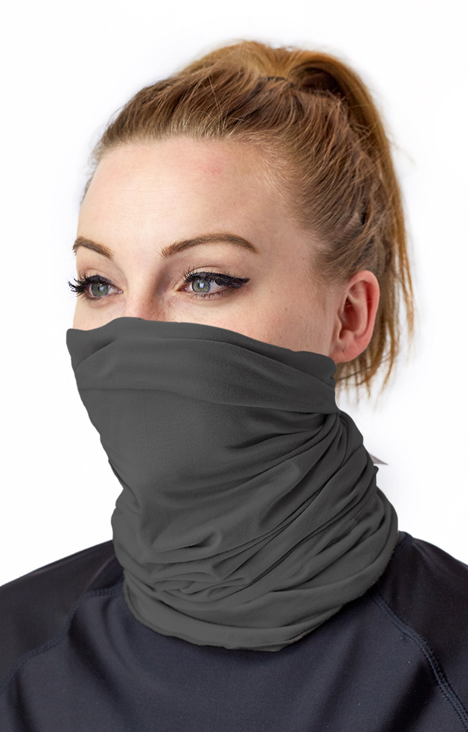 Woman Wearing the Bamboo UV Neck and Face Covering in Charcoal|charcoal