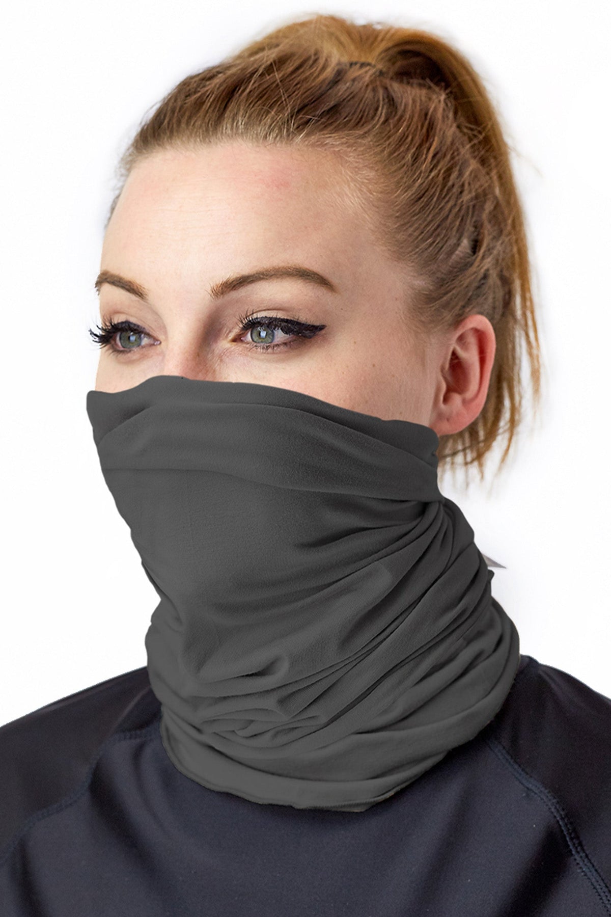 Woman Wearing the Bamboo UV Neck and Face Covering in Charcoal|charcoal